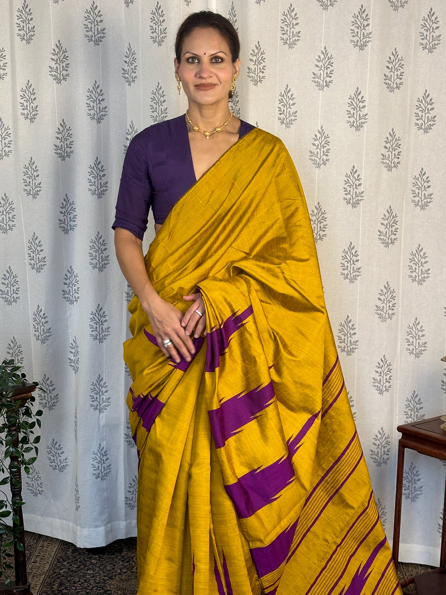 Mustard Yellow Pure Raw Silk Saree with Purple Temple Border