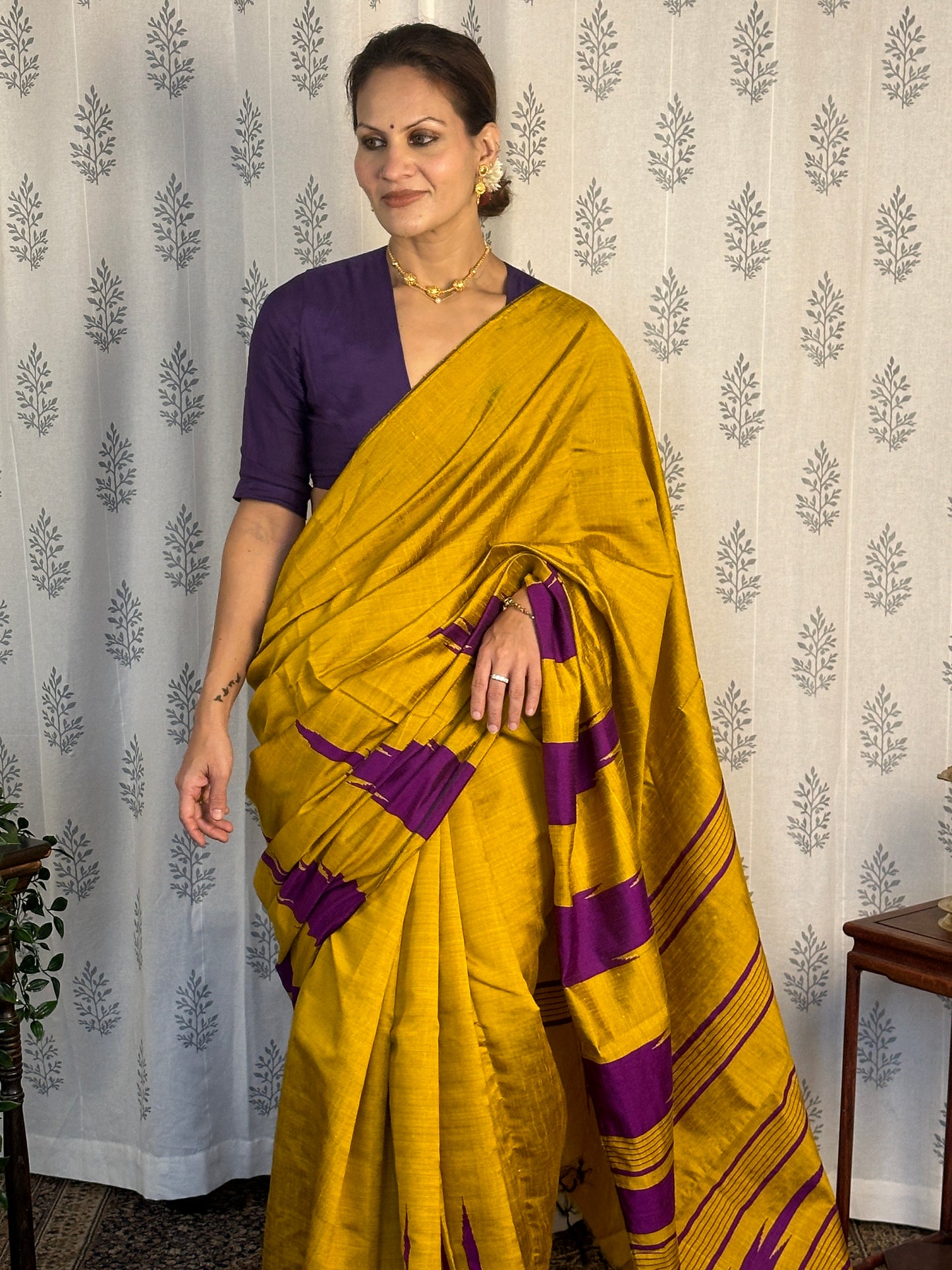 Mustard Yellow Pure Raw Silk Saree with Purple Temple Border