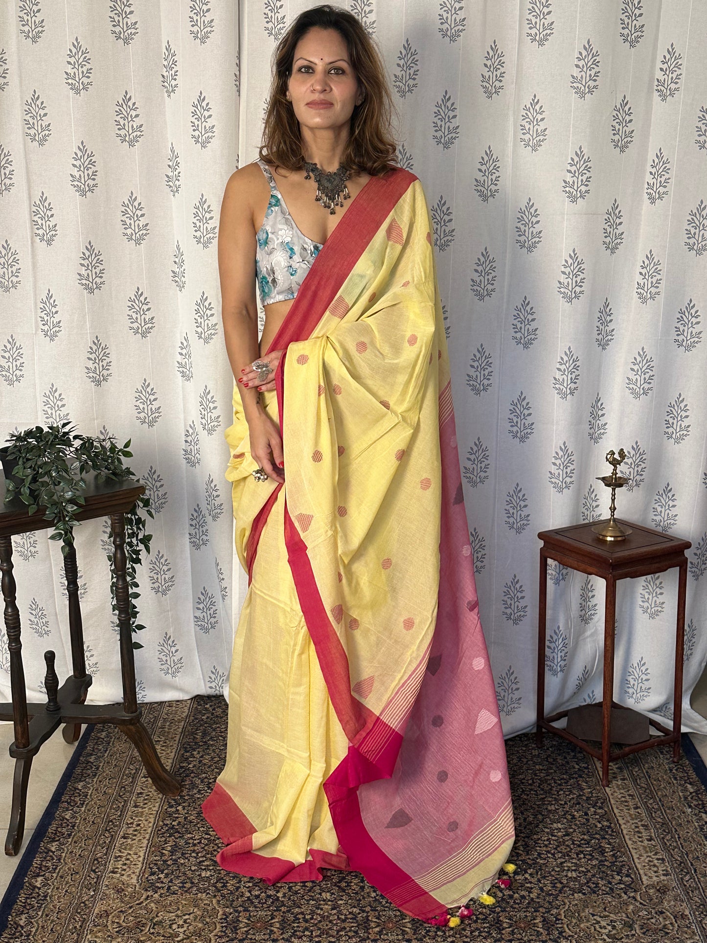 Yellow Handloom Pure Cotton Jamdani Sari with Woven Delicate Motifs & Contrast Red Border & Pink Pallu