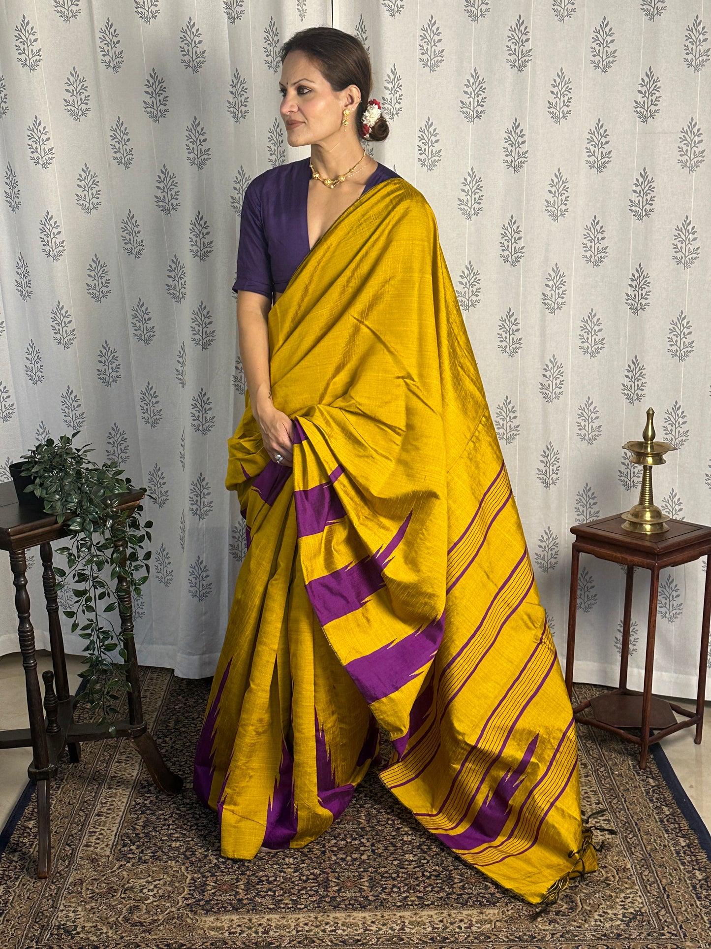 Mustard Yellow Pure Raw Silk Saree with Purple Temple Border