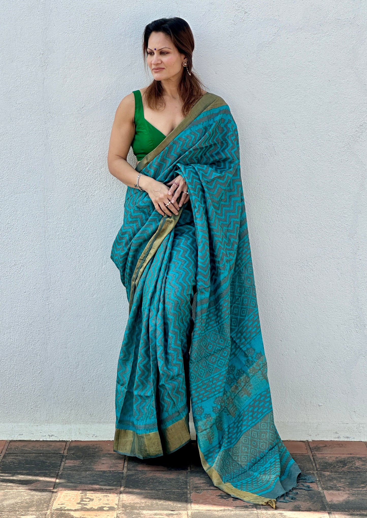 Blue Natural Hand Dyed Block Print Tassur Silk Saree