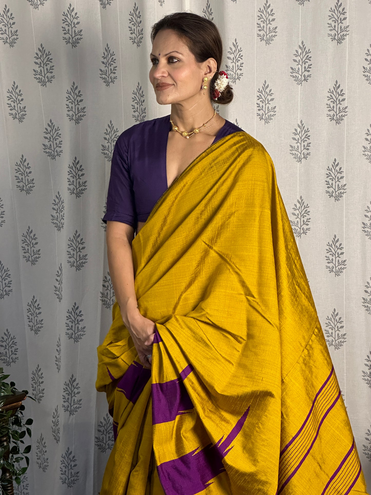 Mustard Yellow Pure Raw Silk Saree with Purple Temple Border