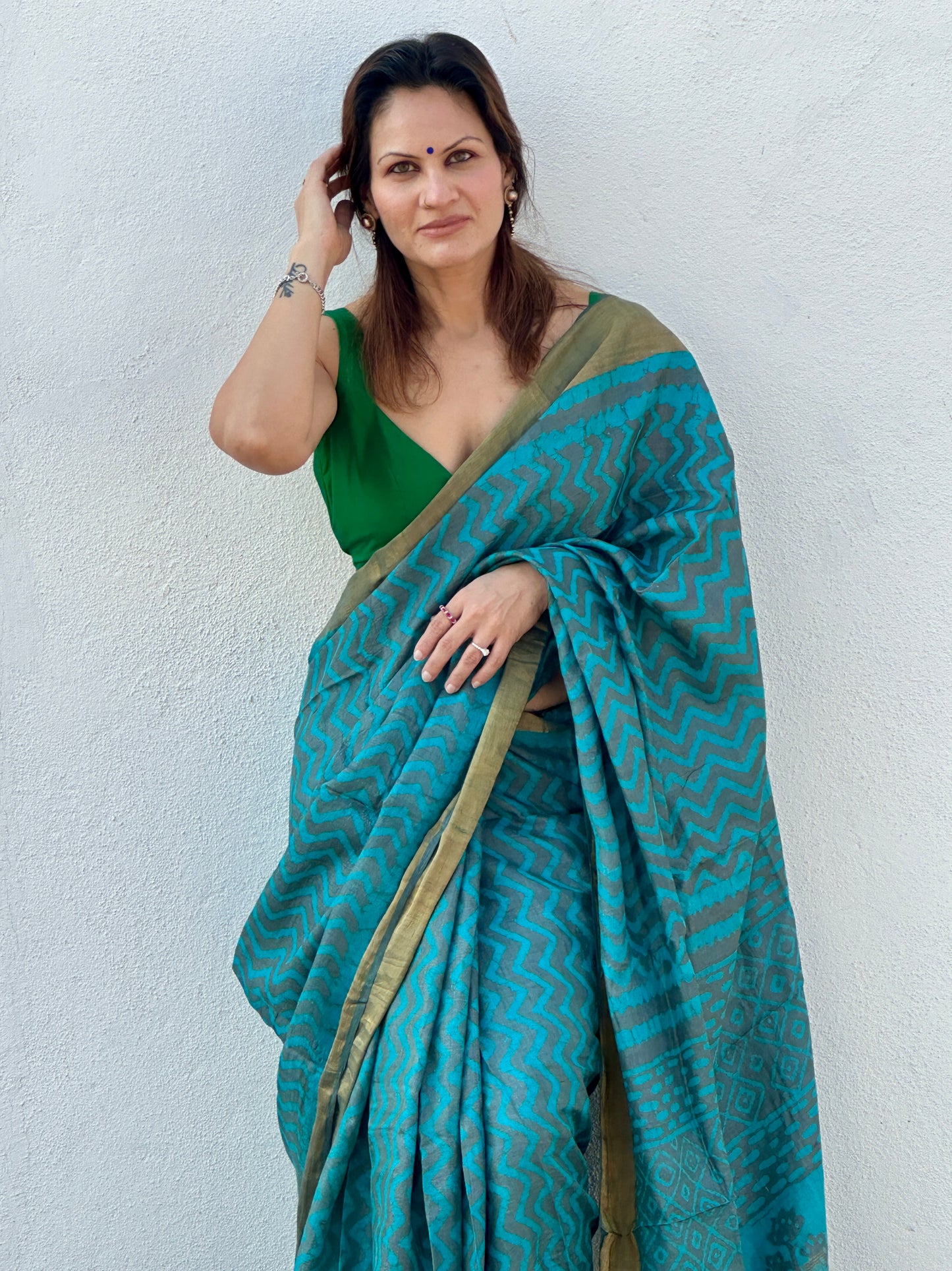 Blue Natural Hand Dyed Block Print Tassur Silk Saree