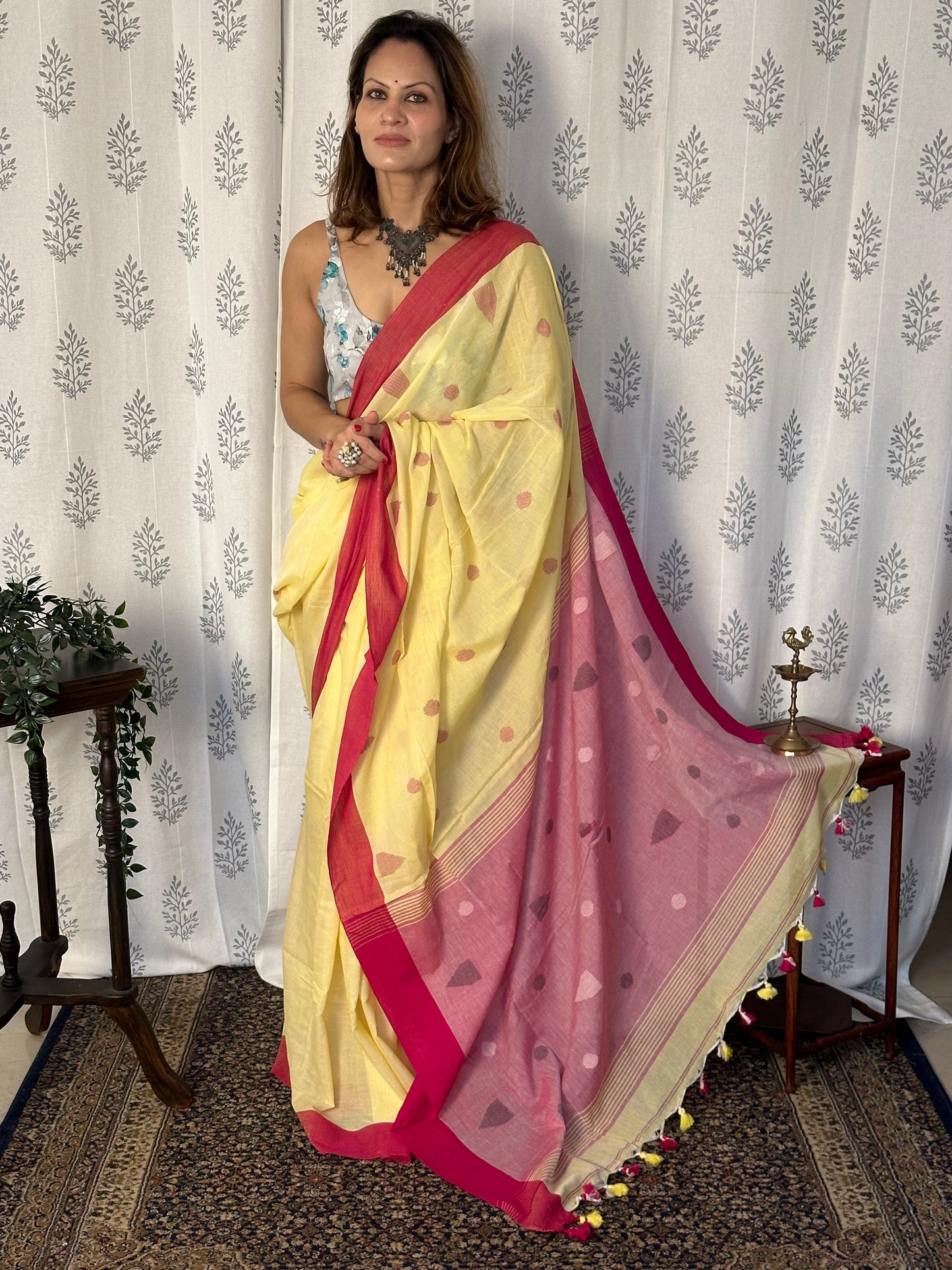 Yellow Handloom Pure Cotton Jamdani Sari with Woven Delicate Motifs & Contrast Red Border & Pink Pallu