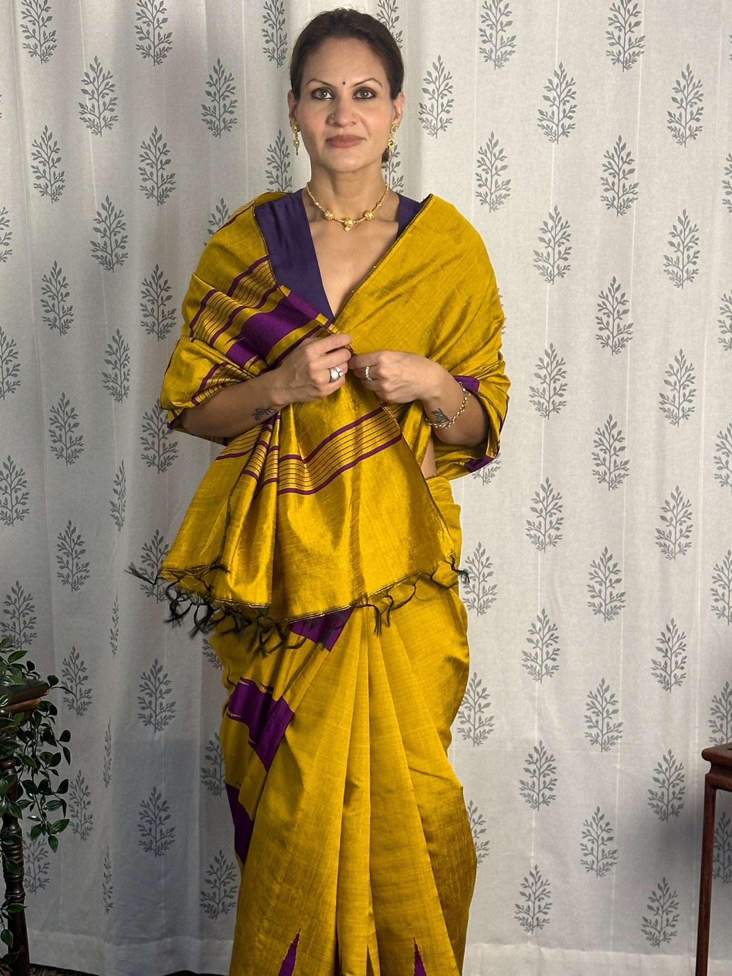 Mustard Yellow Pure Raw Silk Saree with Purple Temple Border