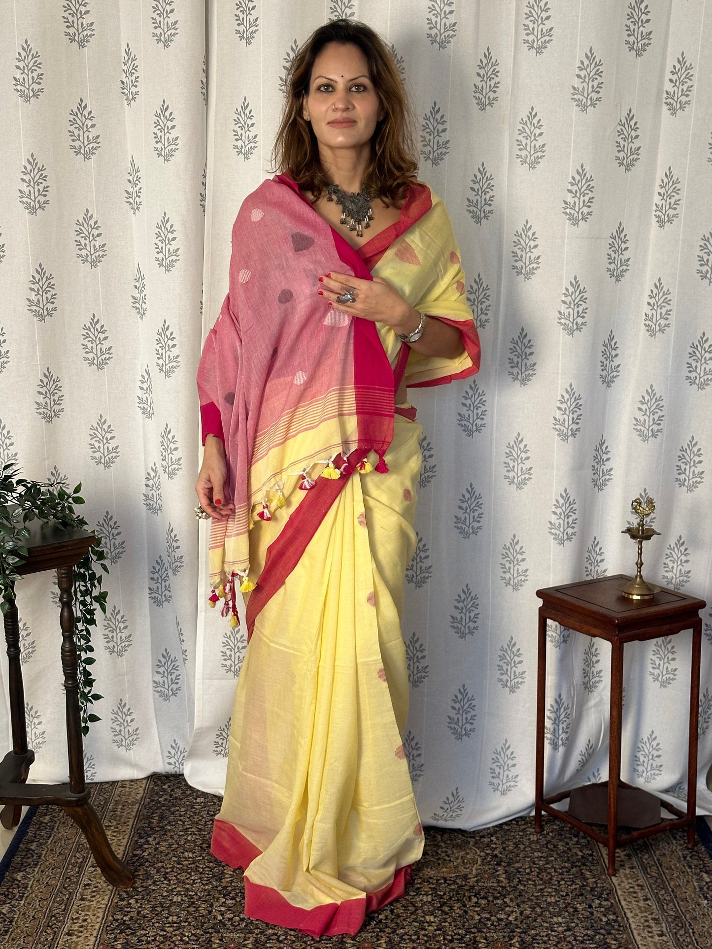 Yellow Handloom Pure Cotton Jamdani Sari with Woven Delicate Motifs & Contrast Red Border & Pink Pallu