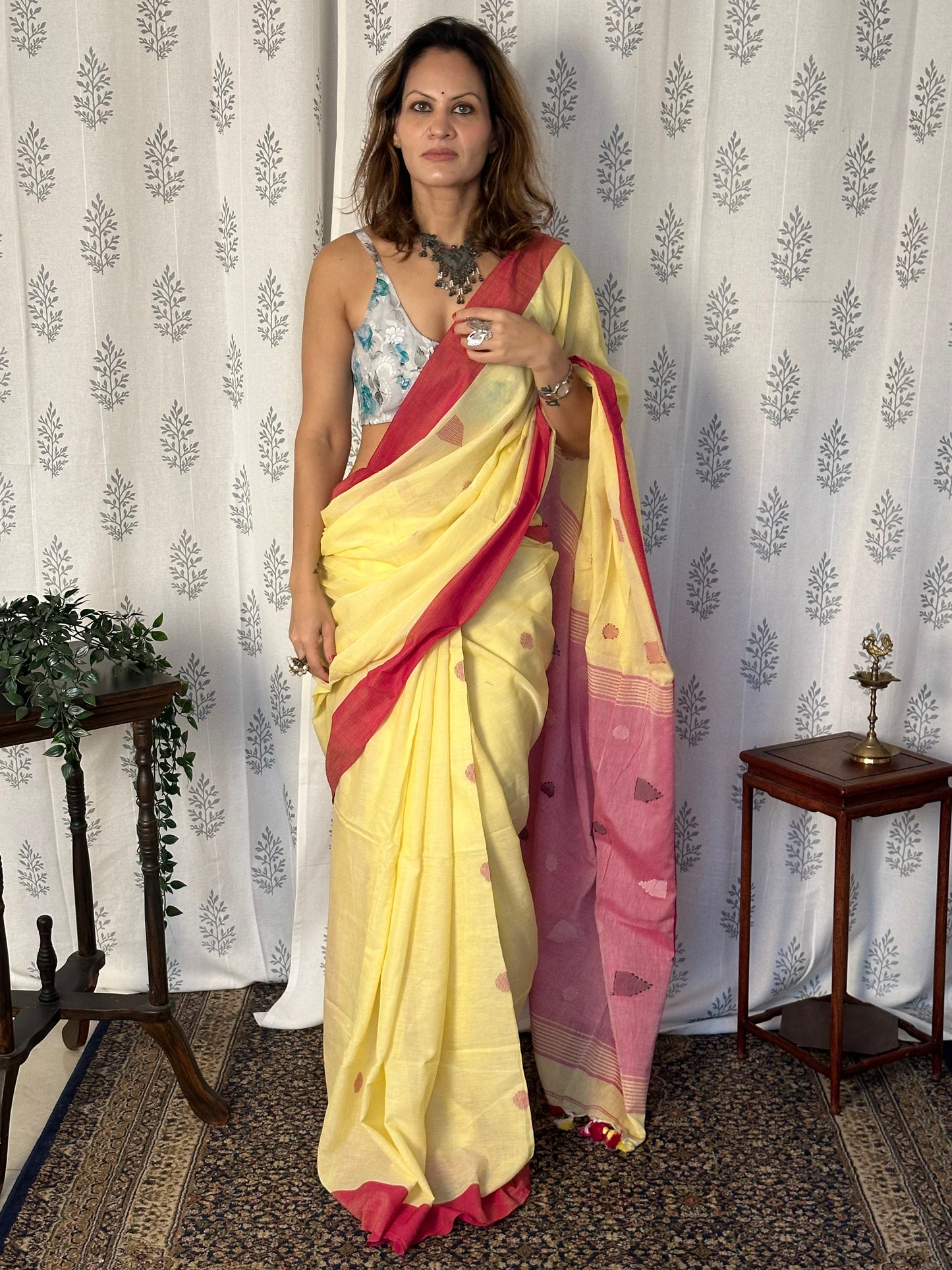 Yellow Handloom Pure Cotton Jamdani Sari with Woven Delicate Motifs & Contrast Red Border & Pink Pallu