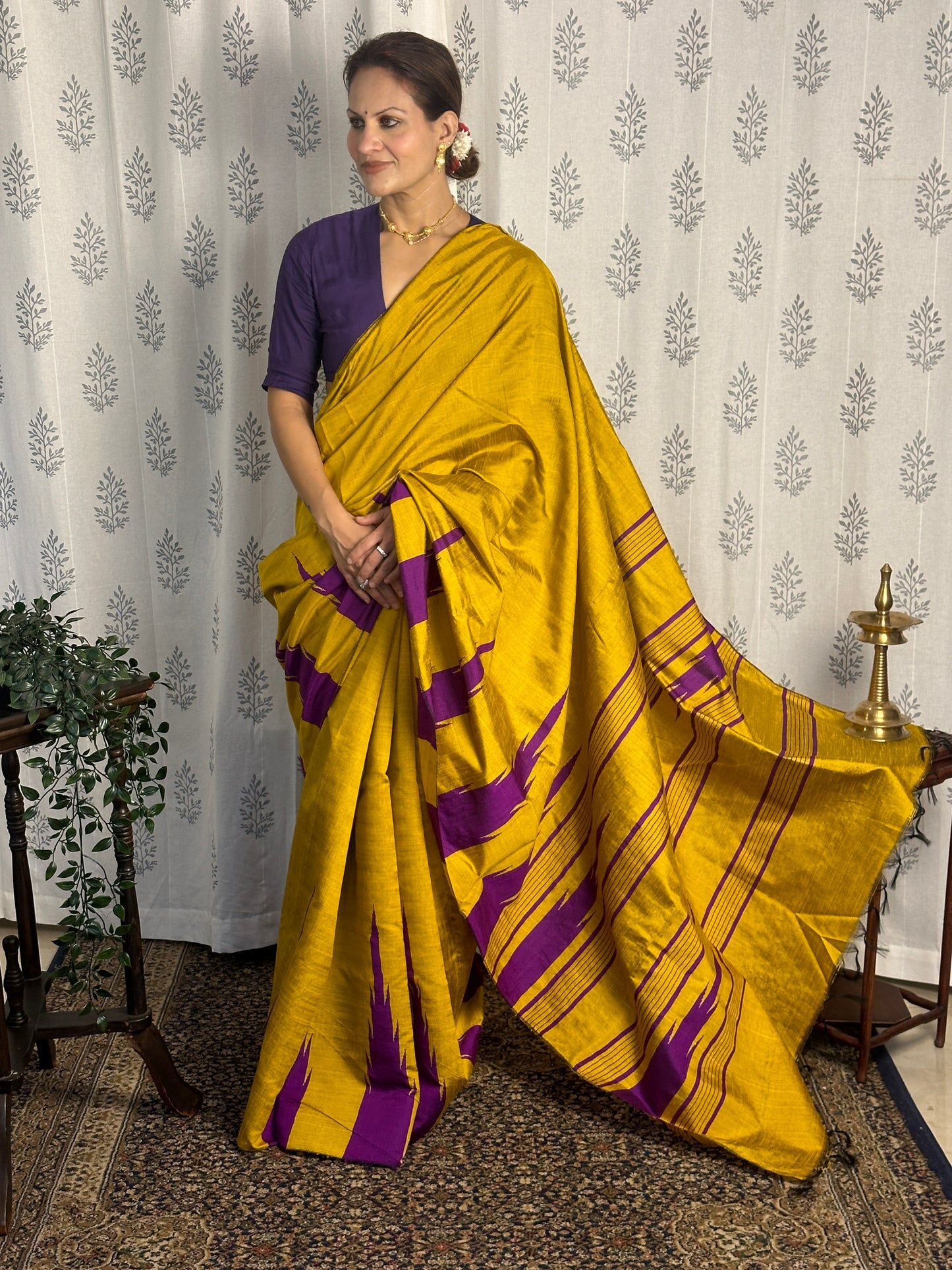 Mustard Yellow Pure Raw Silk Saree with Purple Temple Border