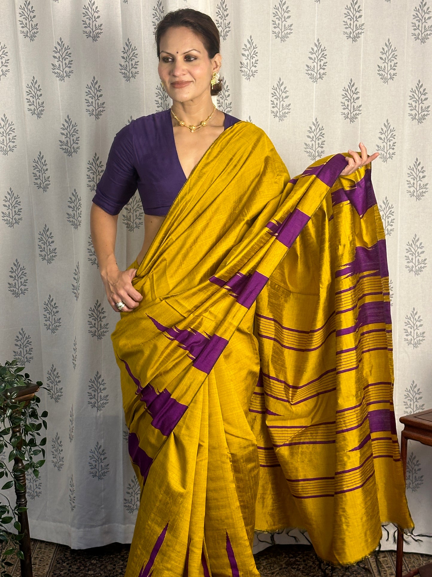 Mustard Yellow Pure Raw Silk Saree with Purple Temple Border