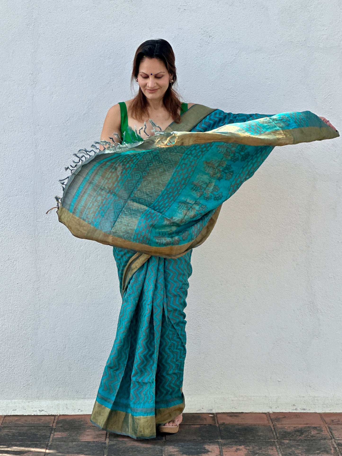 Blue Natural Hand Dyed Block Print Tassur Silk Saree
