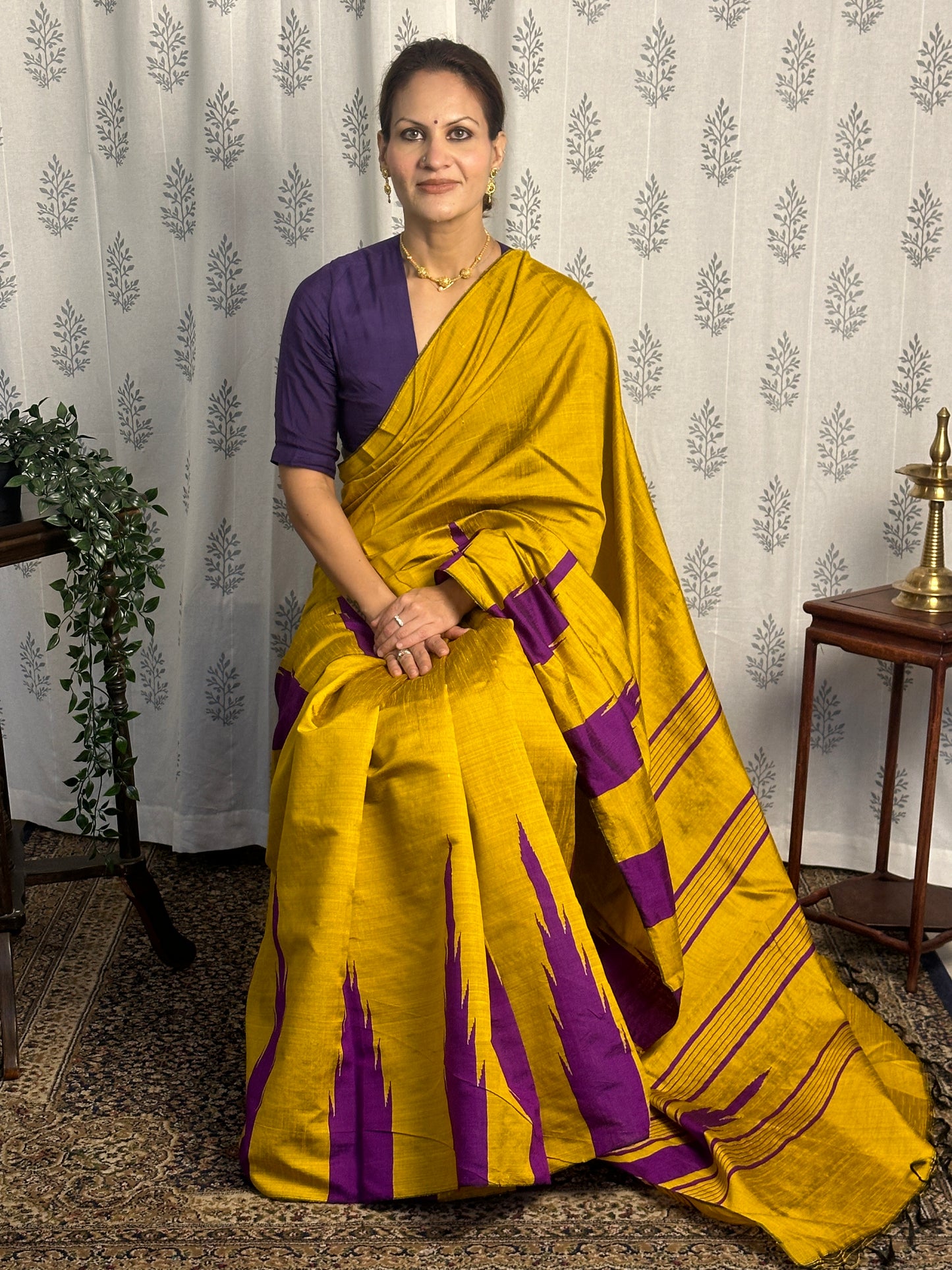 Mustard Yellow Pure Raw Silk Saree with Purple Temple Border