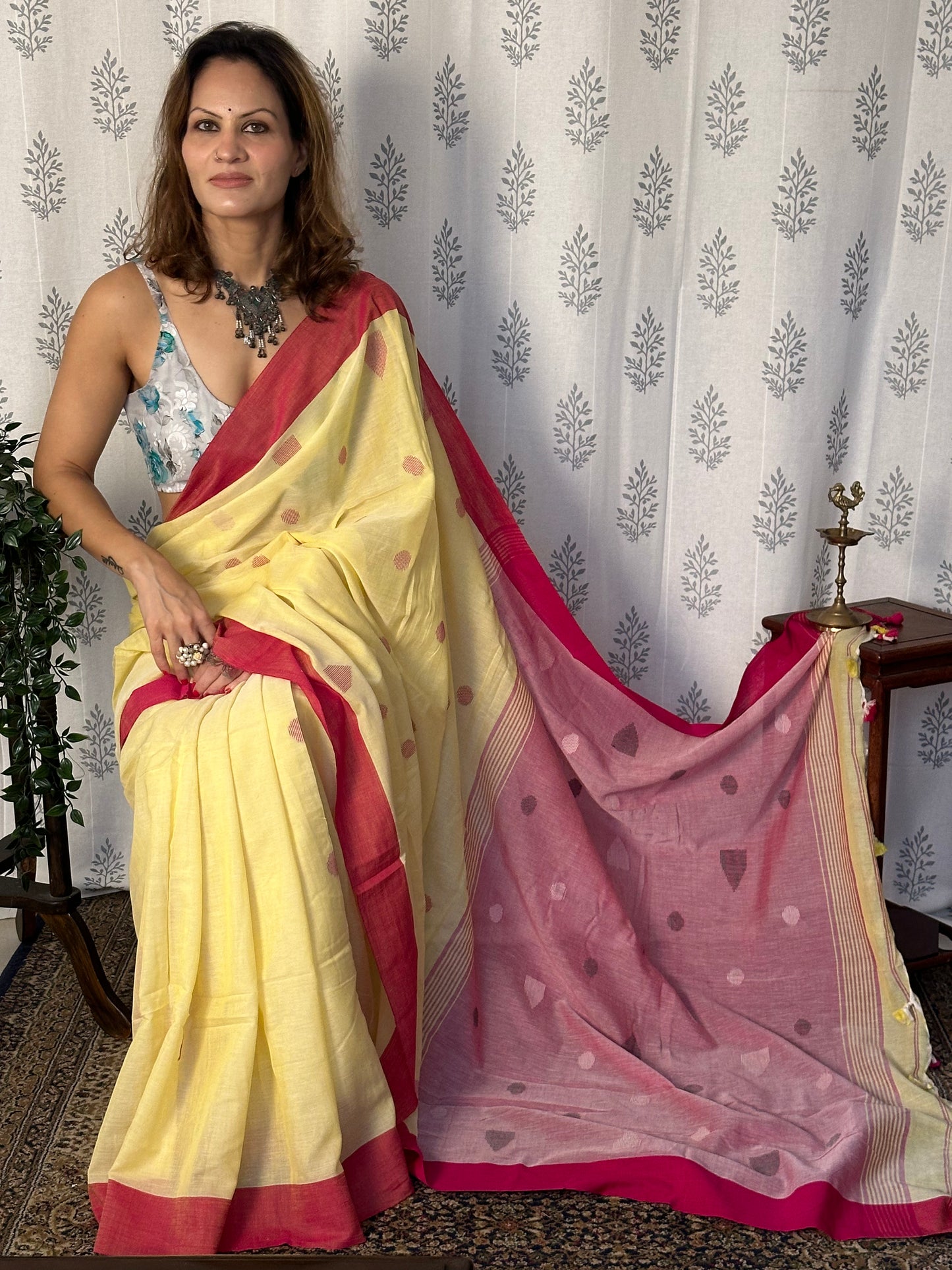 Yellow Handloom Pure Cotton Jamdani Sari with Woven Delicate Motifs & Contrast Red Border & Pink Pallu