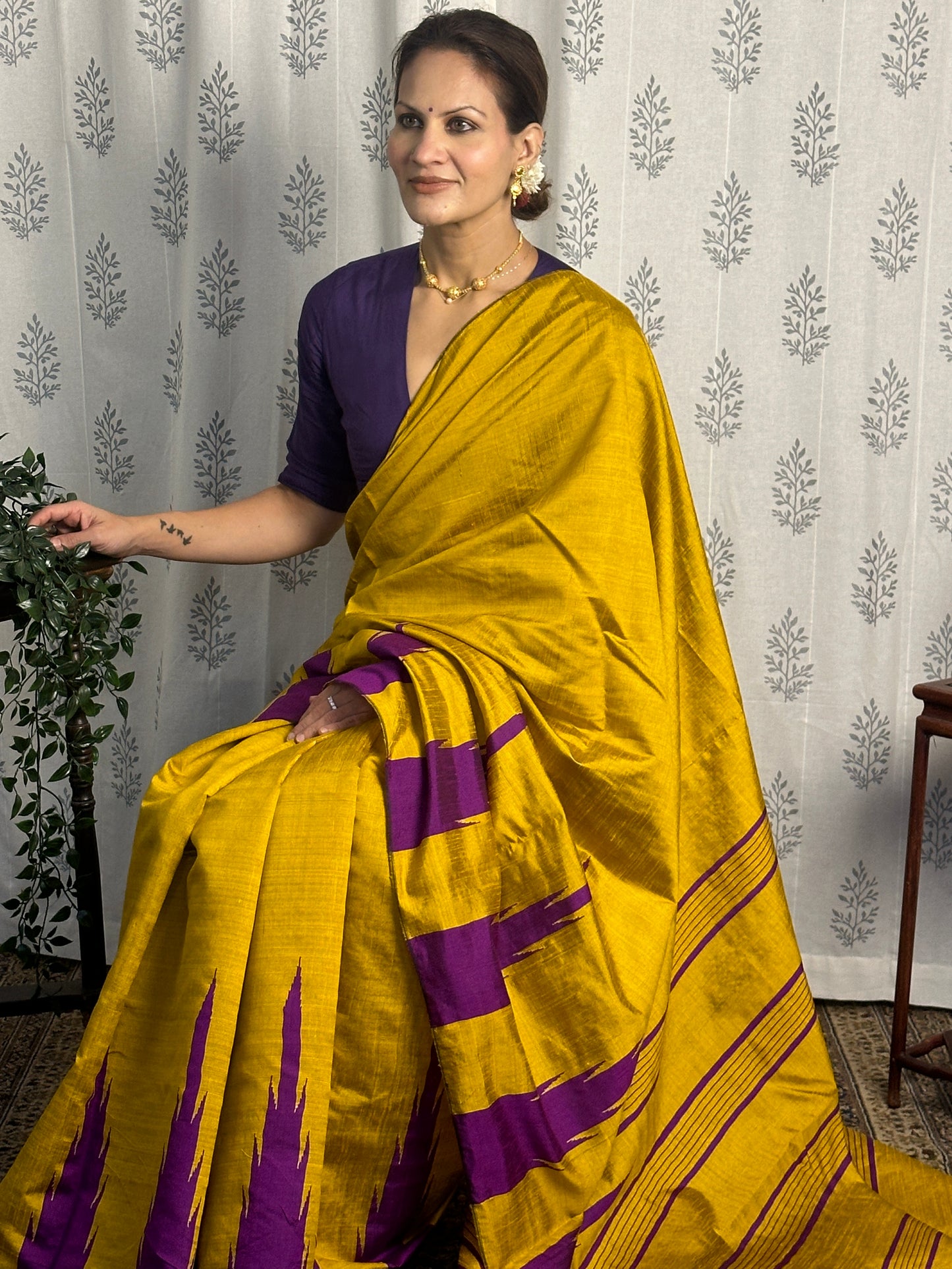 Mustard Yellow Pure Raw Silk Saree with Purple Temple Border