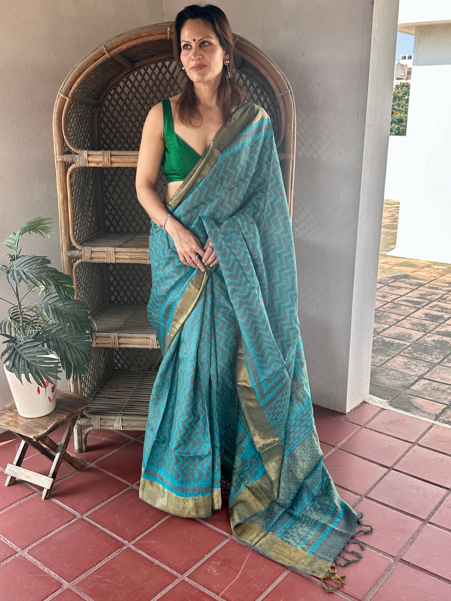 Blue Natural Hand Dyed Block Print Tassur Silk Saree