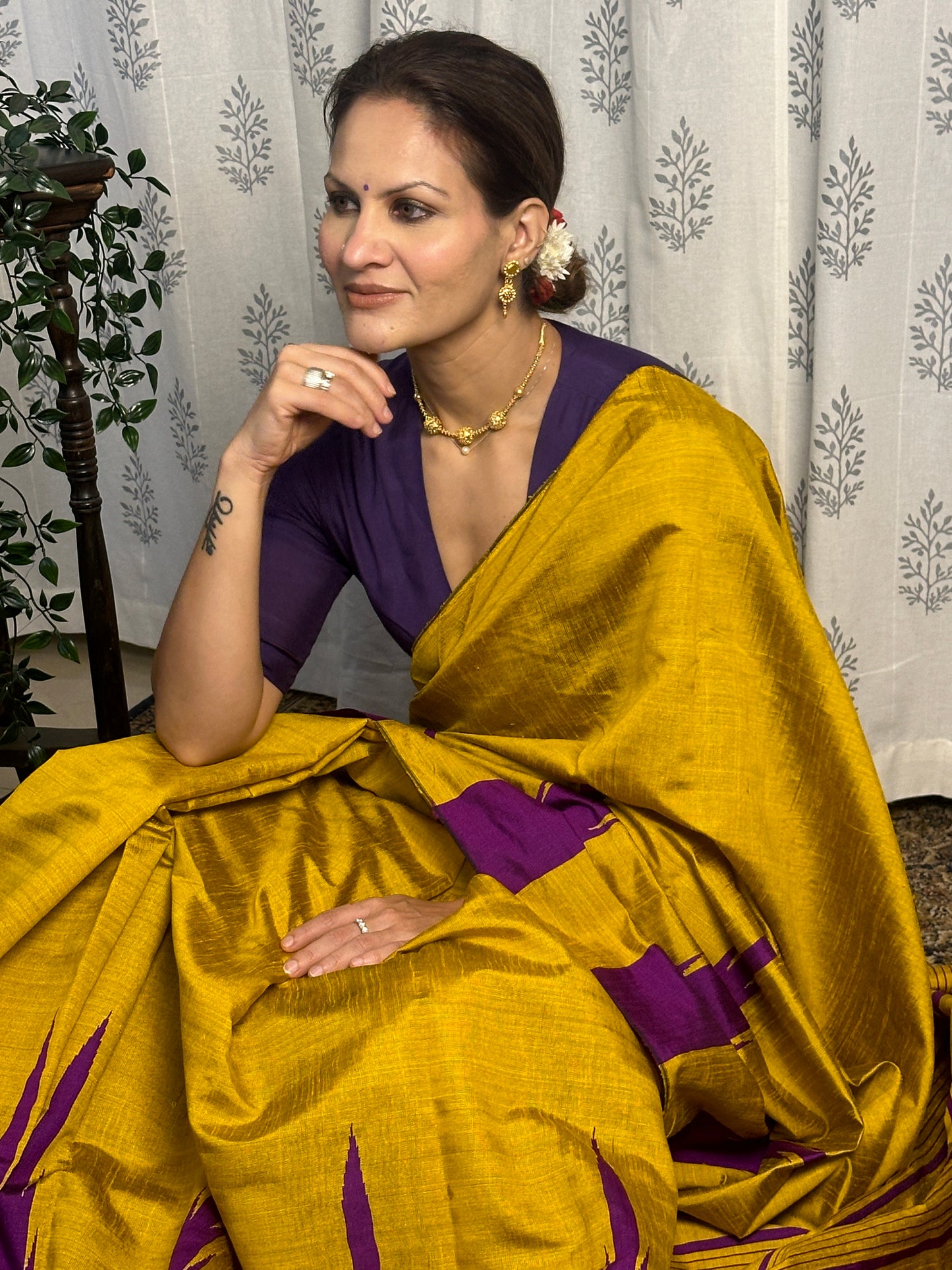 Mustard Yellow Pure Raw Silk Saree with Purple Temple Border