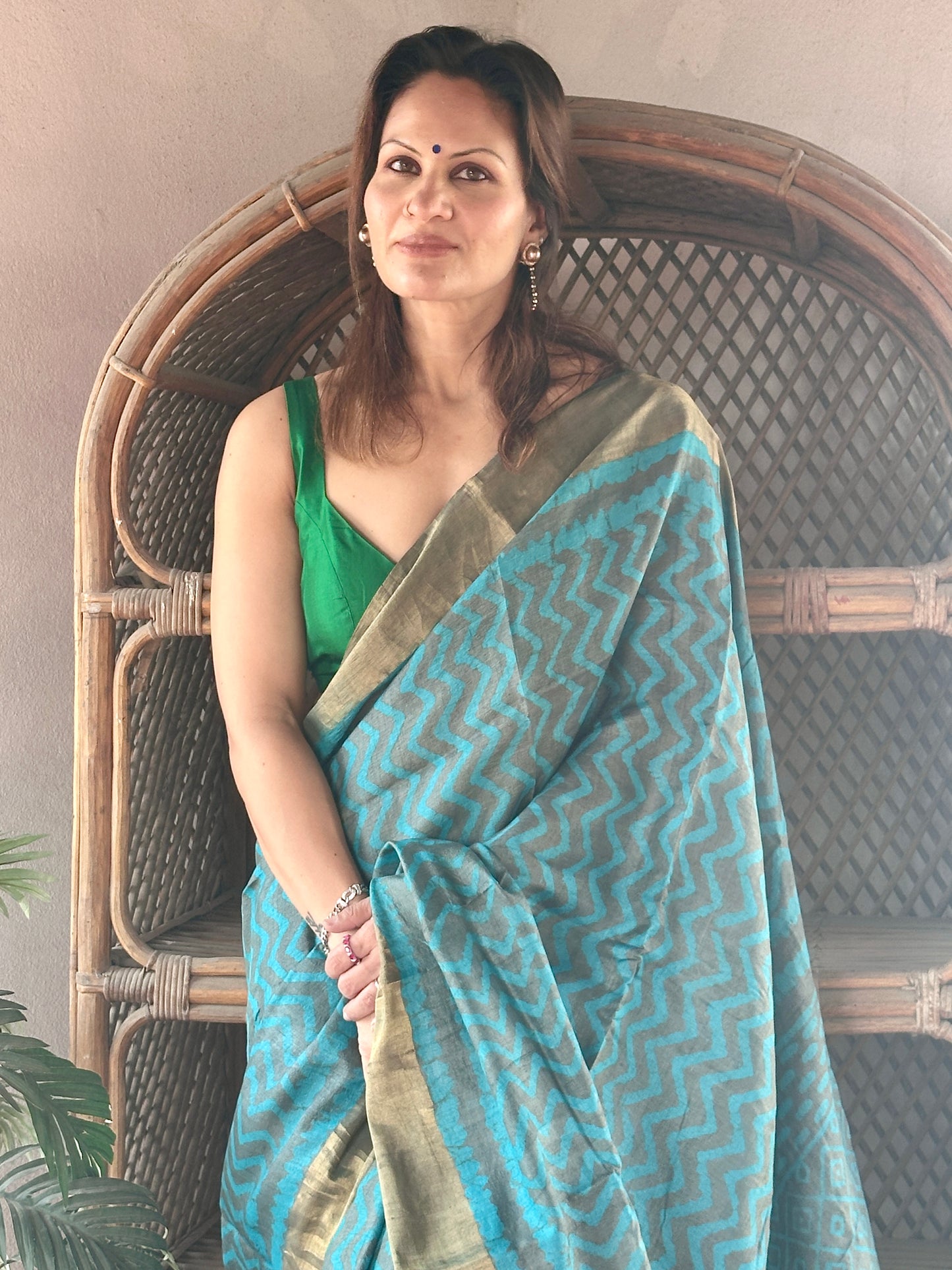Blue Natural Hand Dyed Block Print Tassur Silk Saree