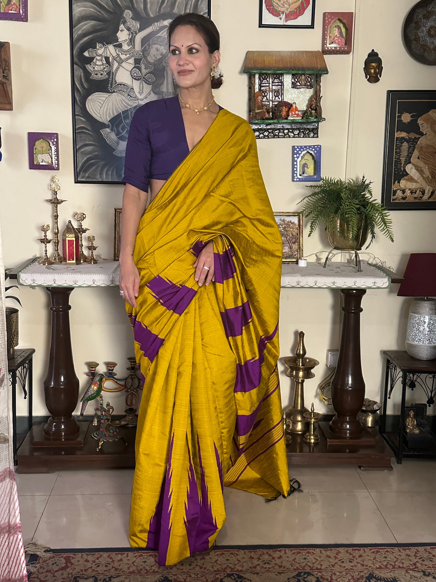 Mustard Yellow Pure Raw Silk Saree with Purple Temple Border