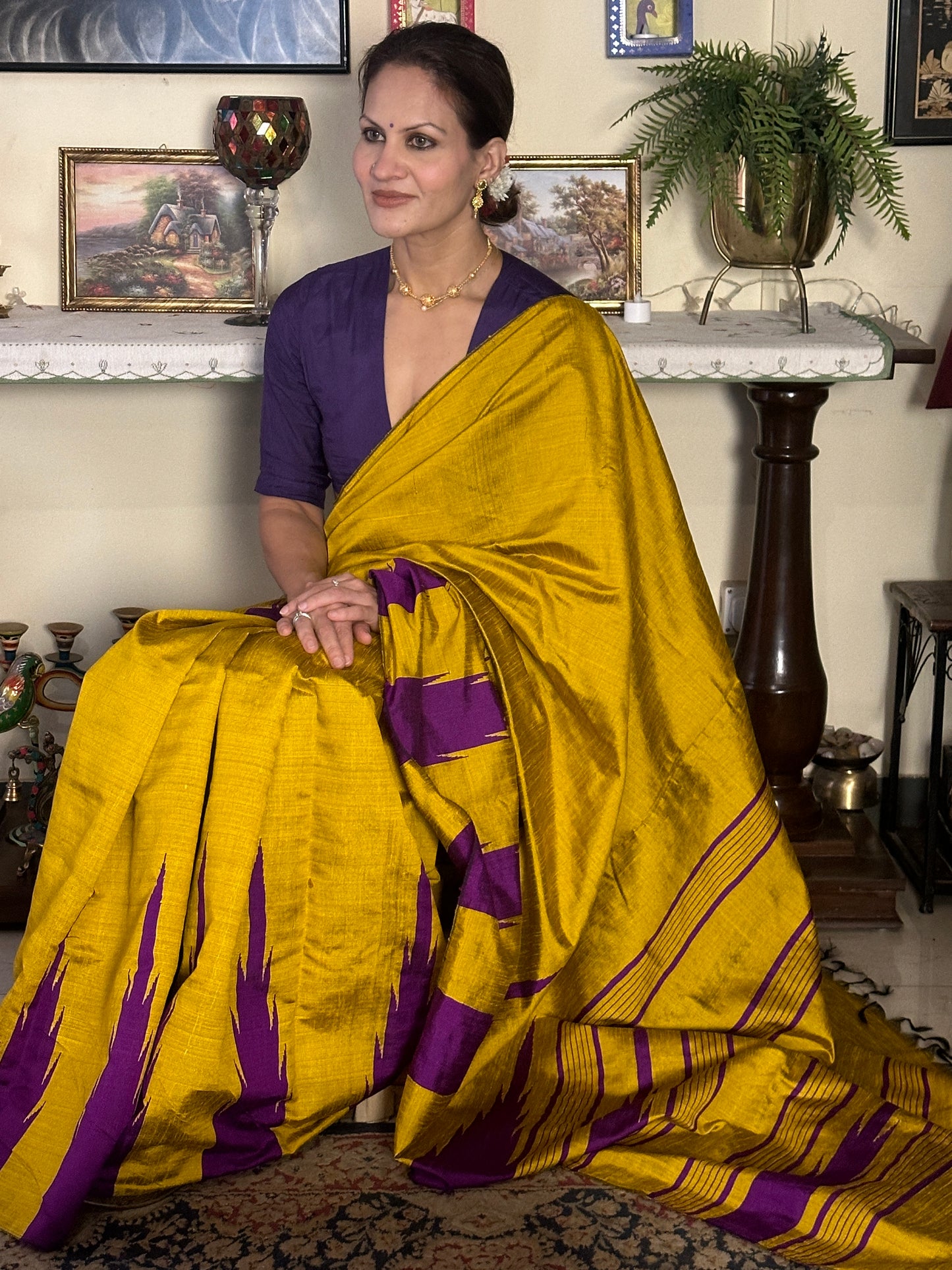 Mustard Yellow Pure Raw Silk Saree with Purple Temple Border