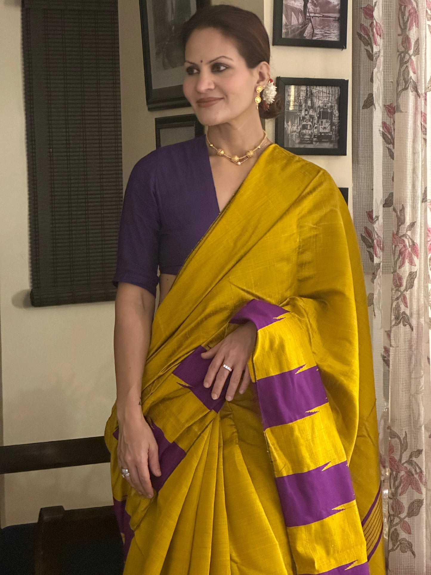 Mustard Yellow Pure Raw Silk Saree with Purple Temple Border