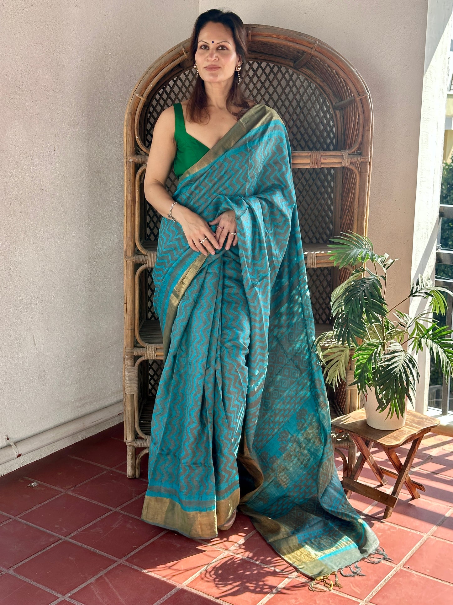 Blue Natural Hand Dyed Block Print Tassur Silk Saree