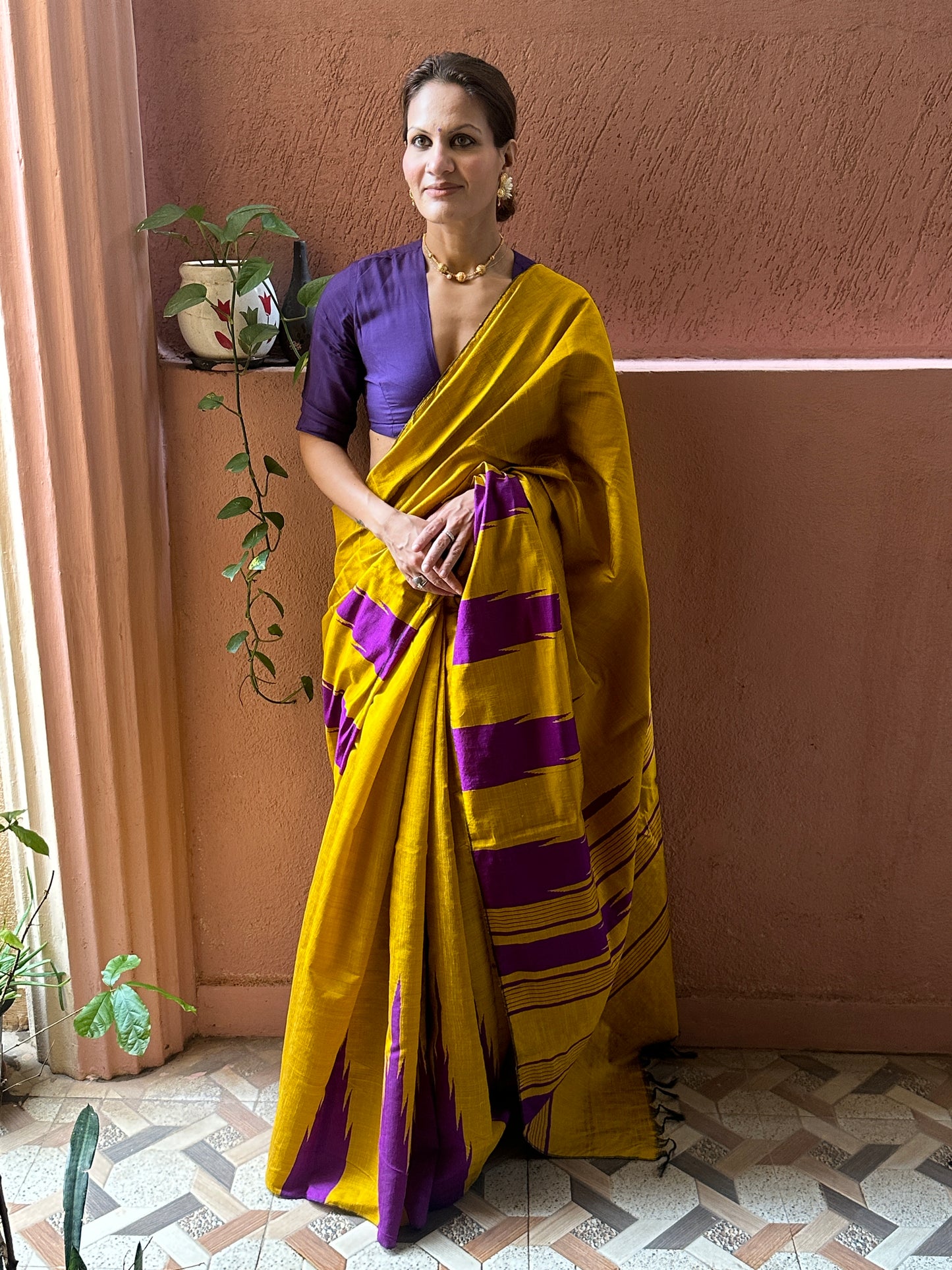 Mustard Yellow Pure Raw Silk Saree with Purple Temple Border