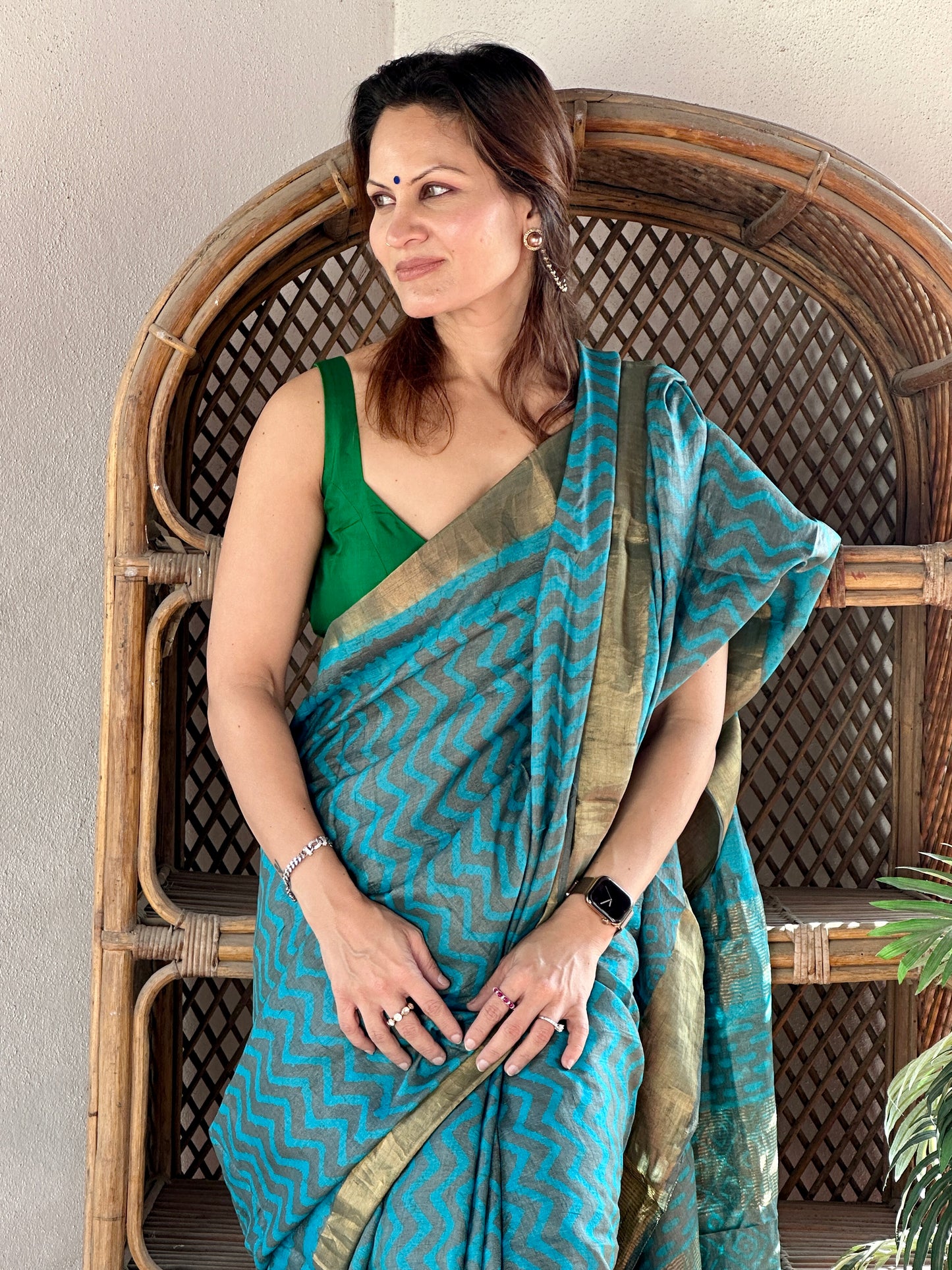Blue Natural Hand Dyed Block Print Tassur Silk Saree