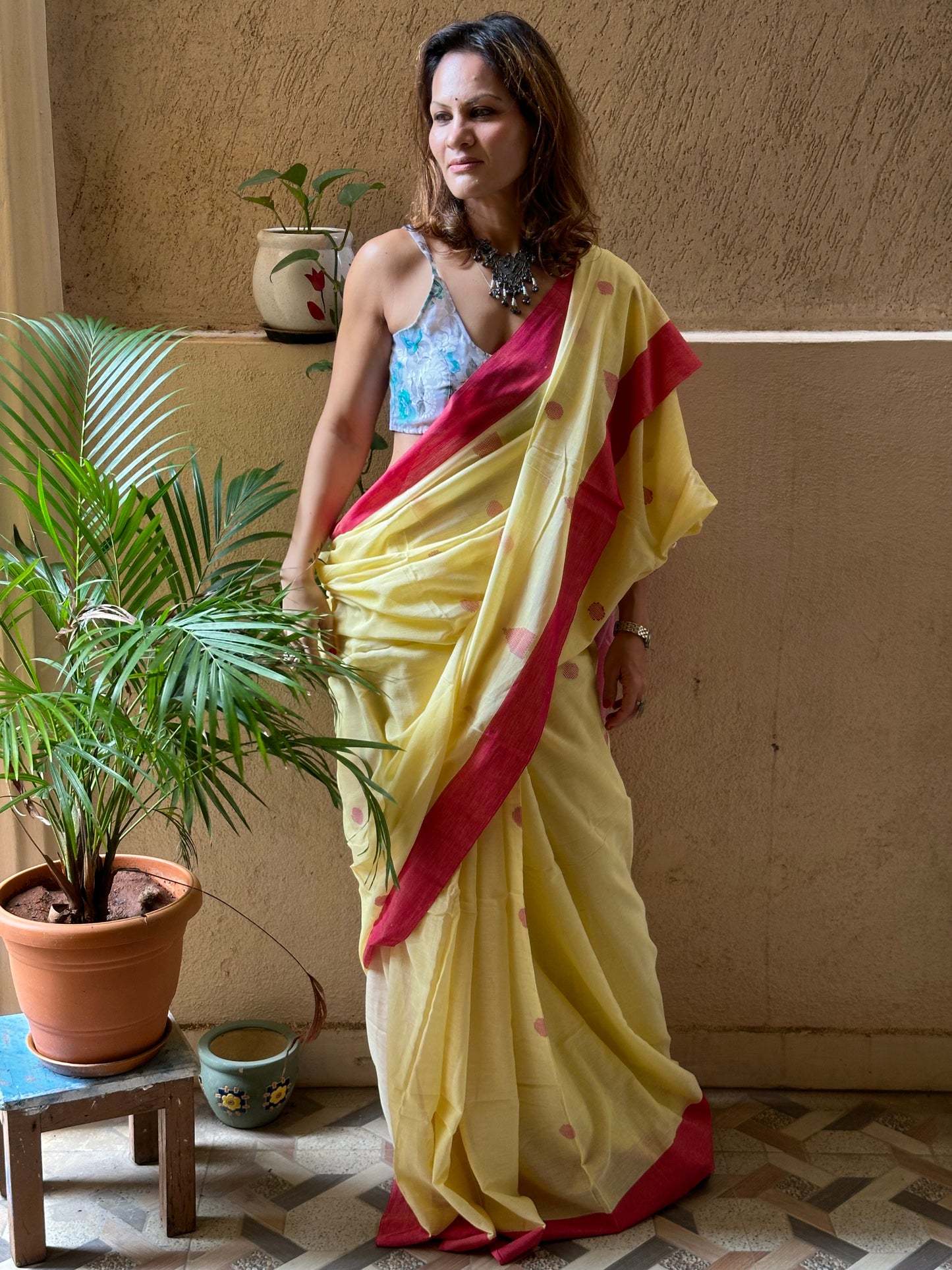 Yellow Handloom Pure Cotton Jamdani Sari with Woven Delicate Motifs & Contrast Red Border & Pink Pallu