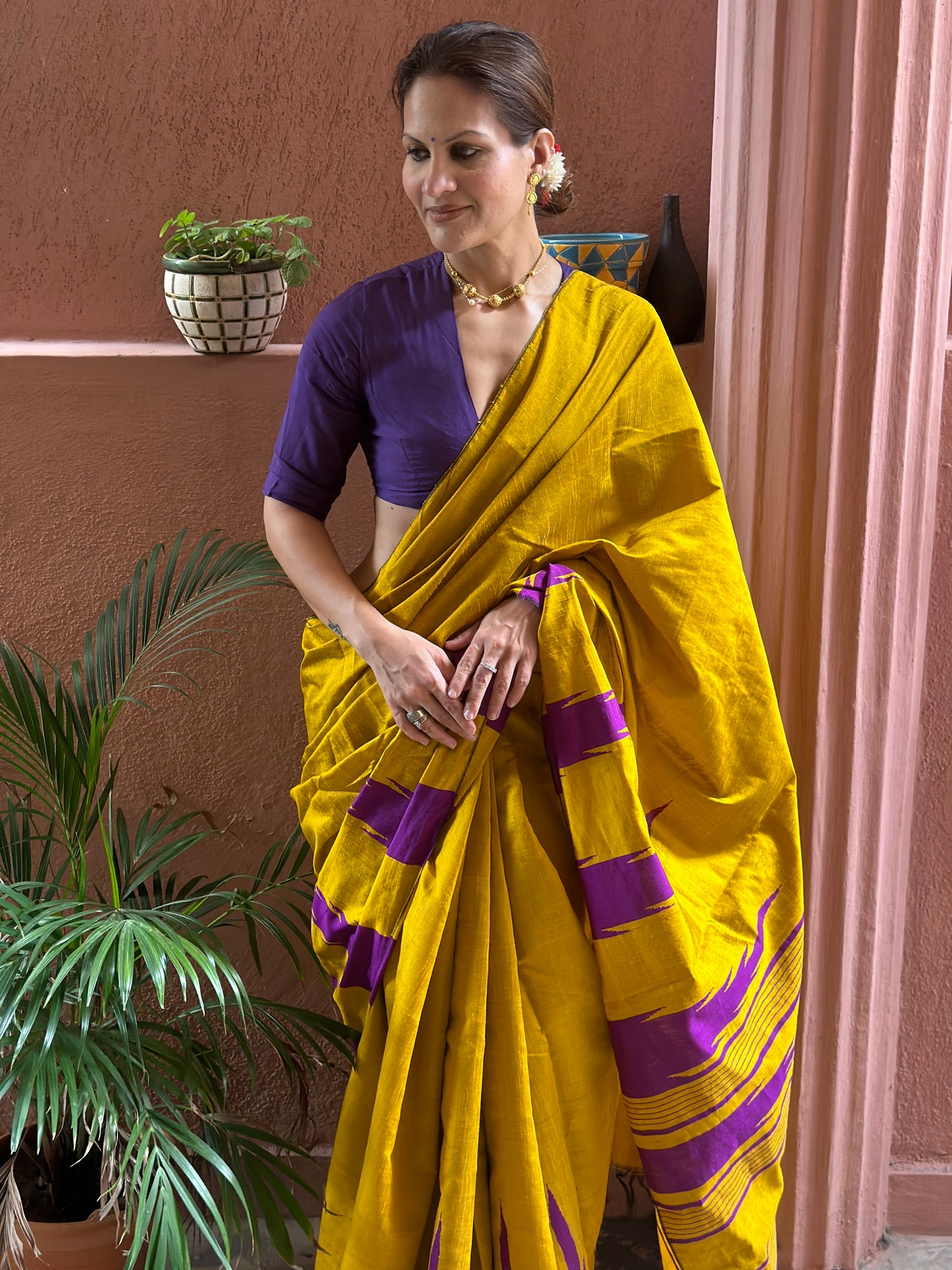 Mustard Yellow Pure Raw Silk Saree with Purple Temple Border