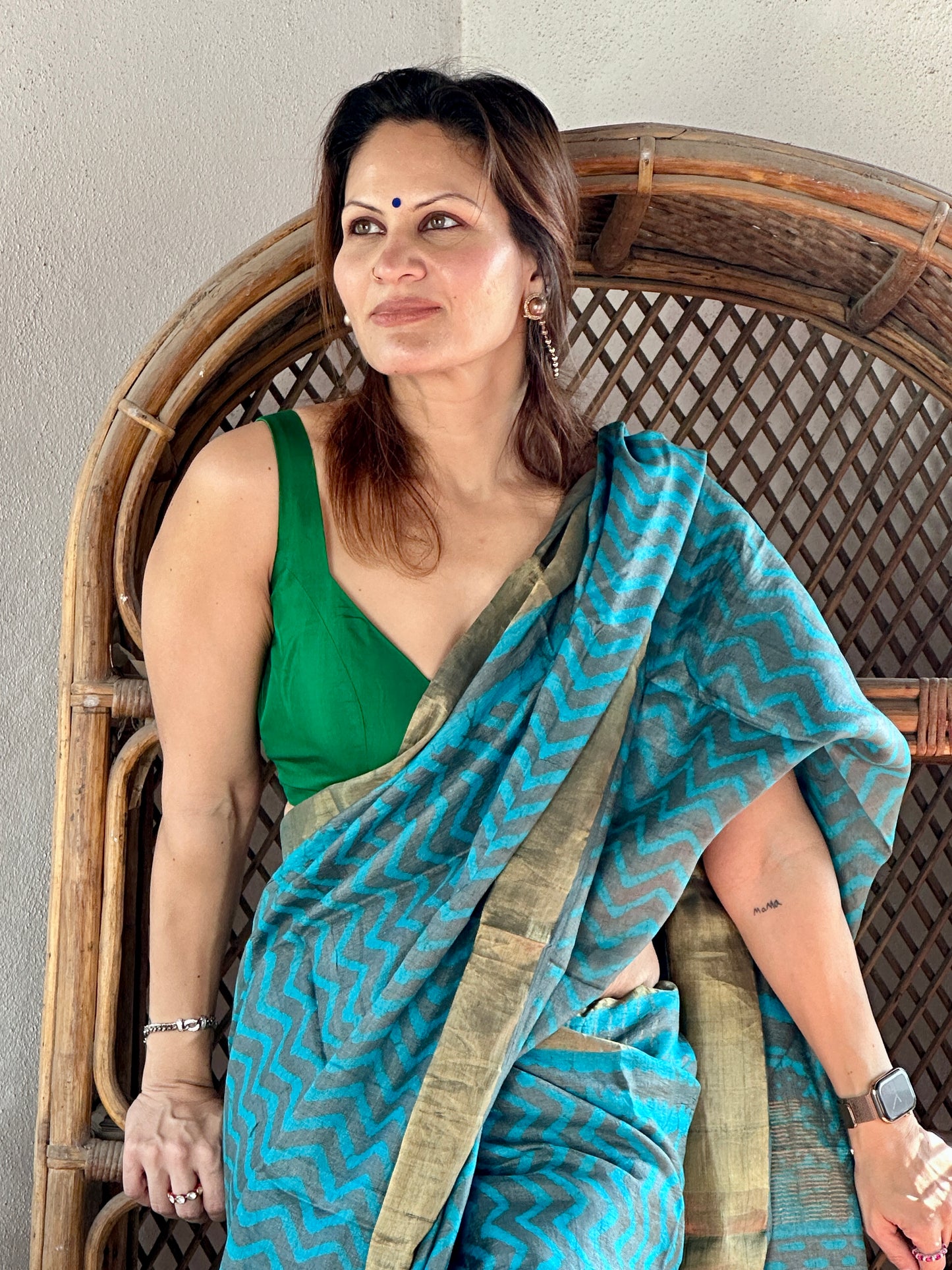 Blue Natural Hand Dyed Block Print Tassur Silk Saree