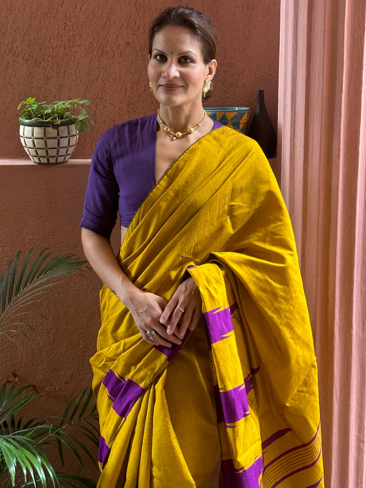 Mustard Yellow Pure Raw Silk Saree with Purple Temple Border