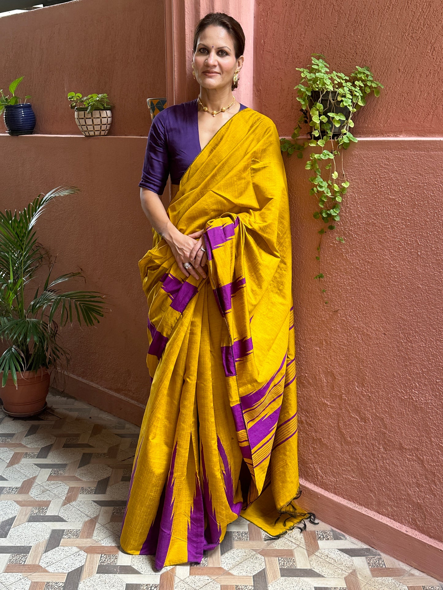 Mustard Yellow Pure Raw Silk Saree with Purple Temple Border