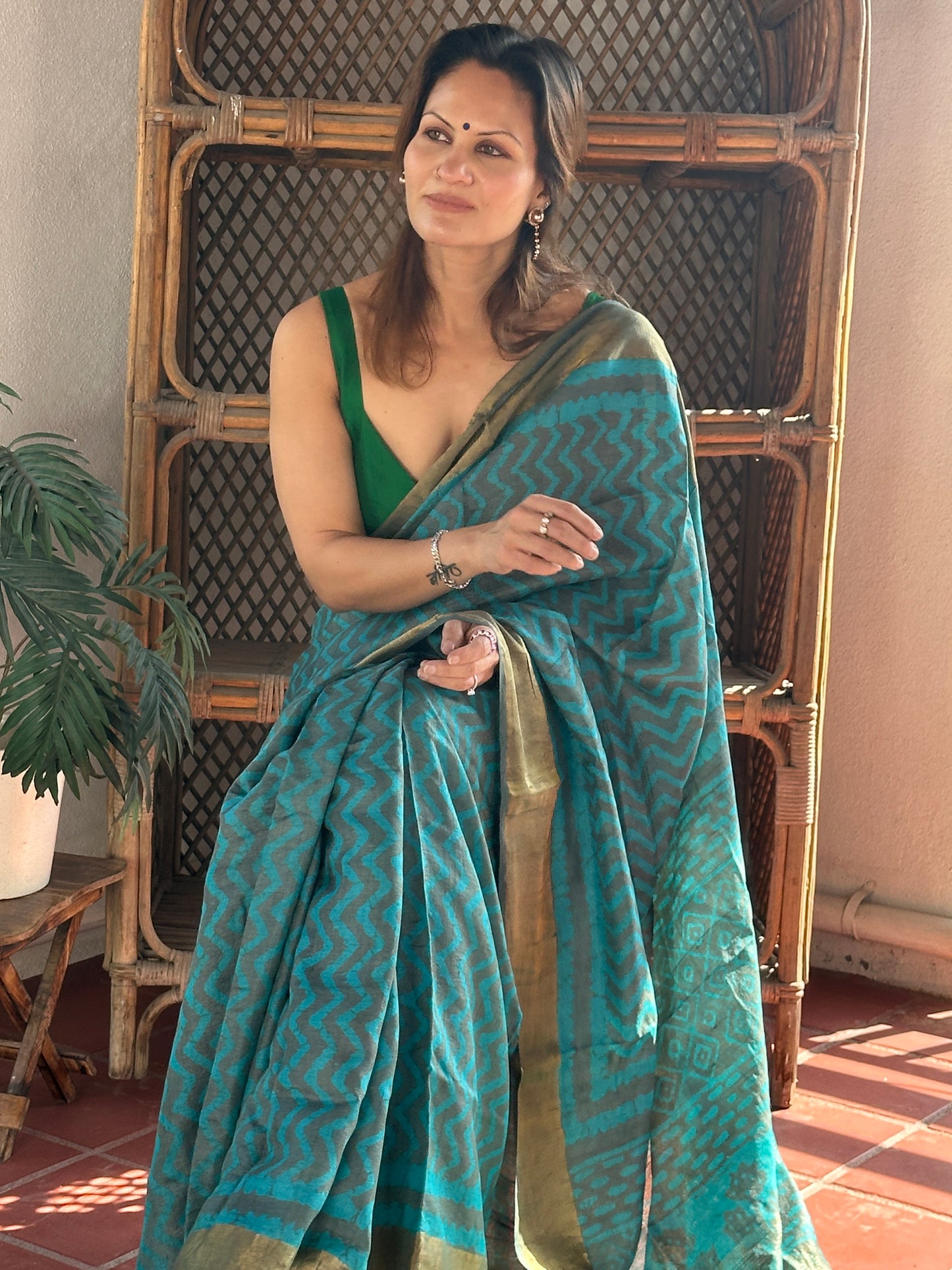 Blue Natural Hand Dyed Block Print Tassur Silk Saree