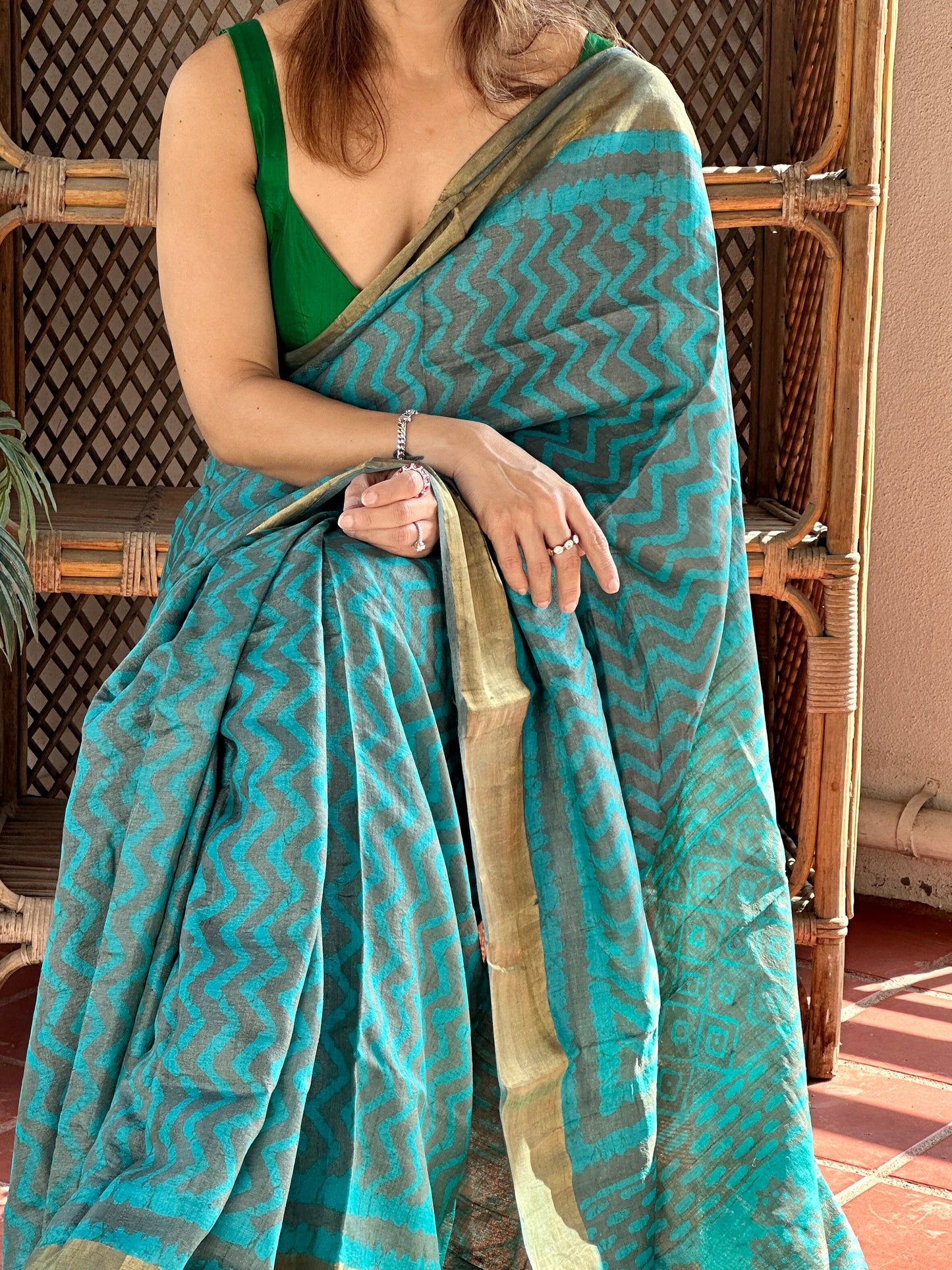 Blue Natural Hand Dyed Block Print Tassur Silk Saree