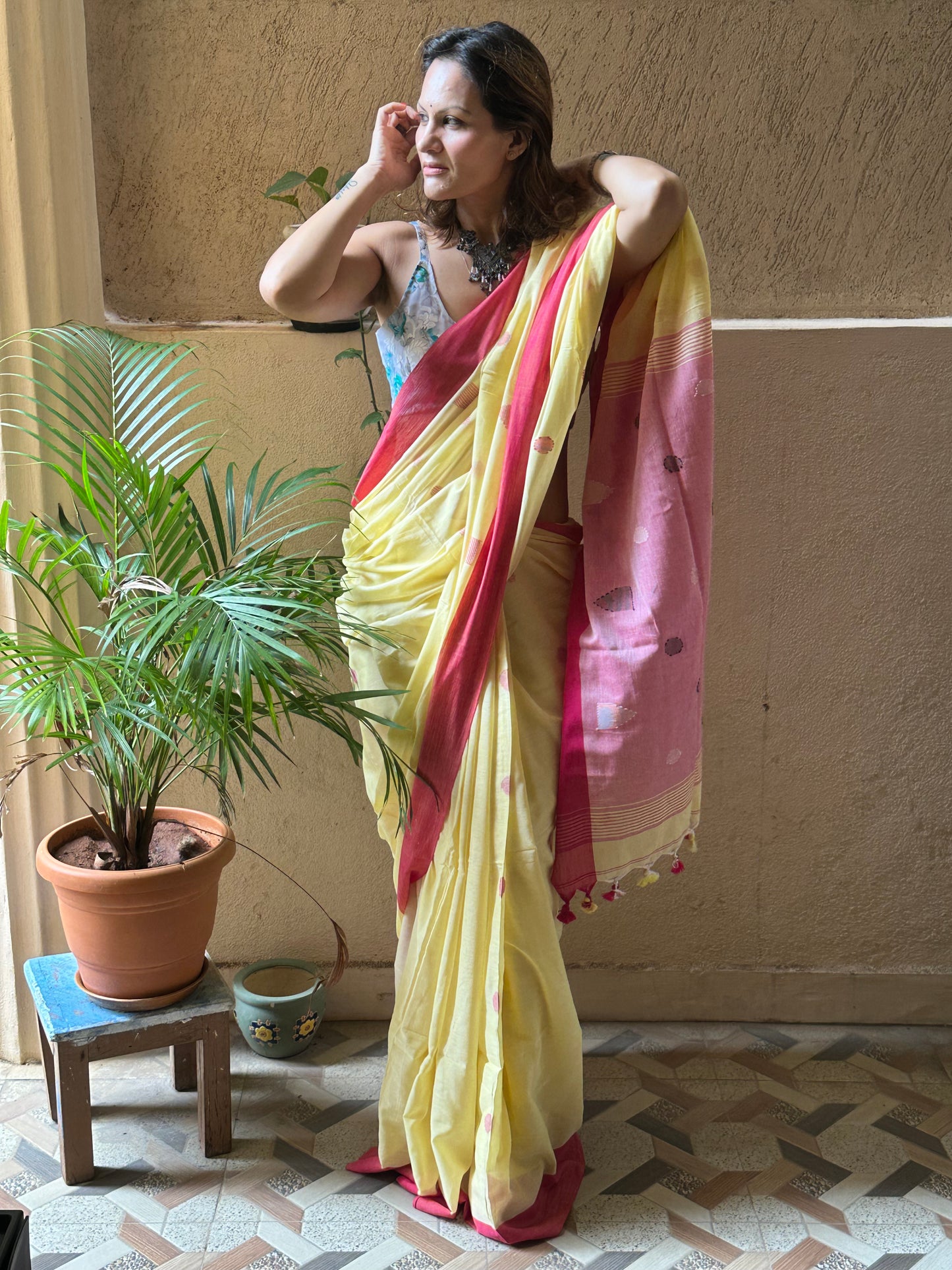 Yellow Handloom Pure Cotton Jamdani Sari with Woven Delicate Motifs & Contrast Red Border & Pink Pallu