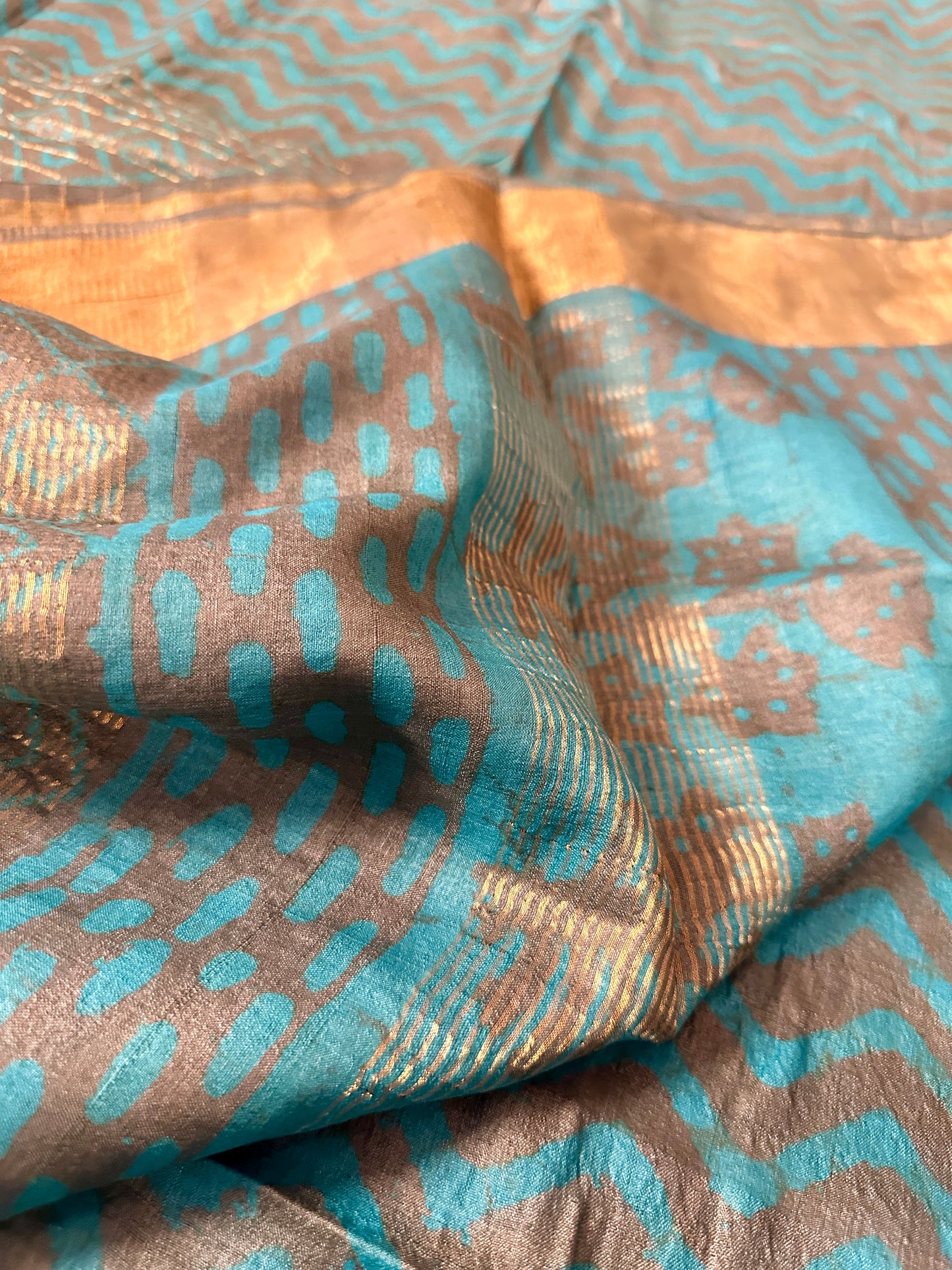 Blue Natural Hand Dyed Block Print Tassur Silk Saree