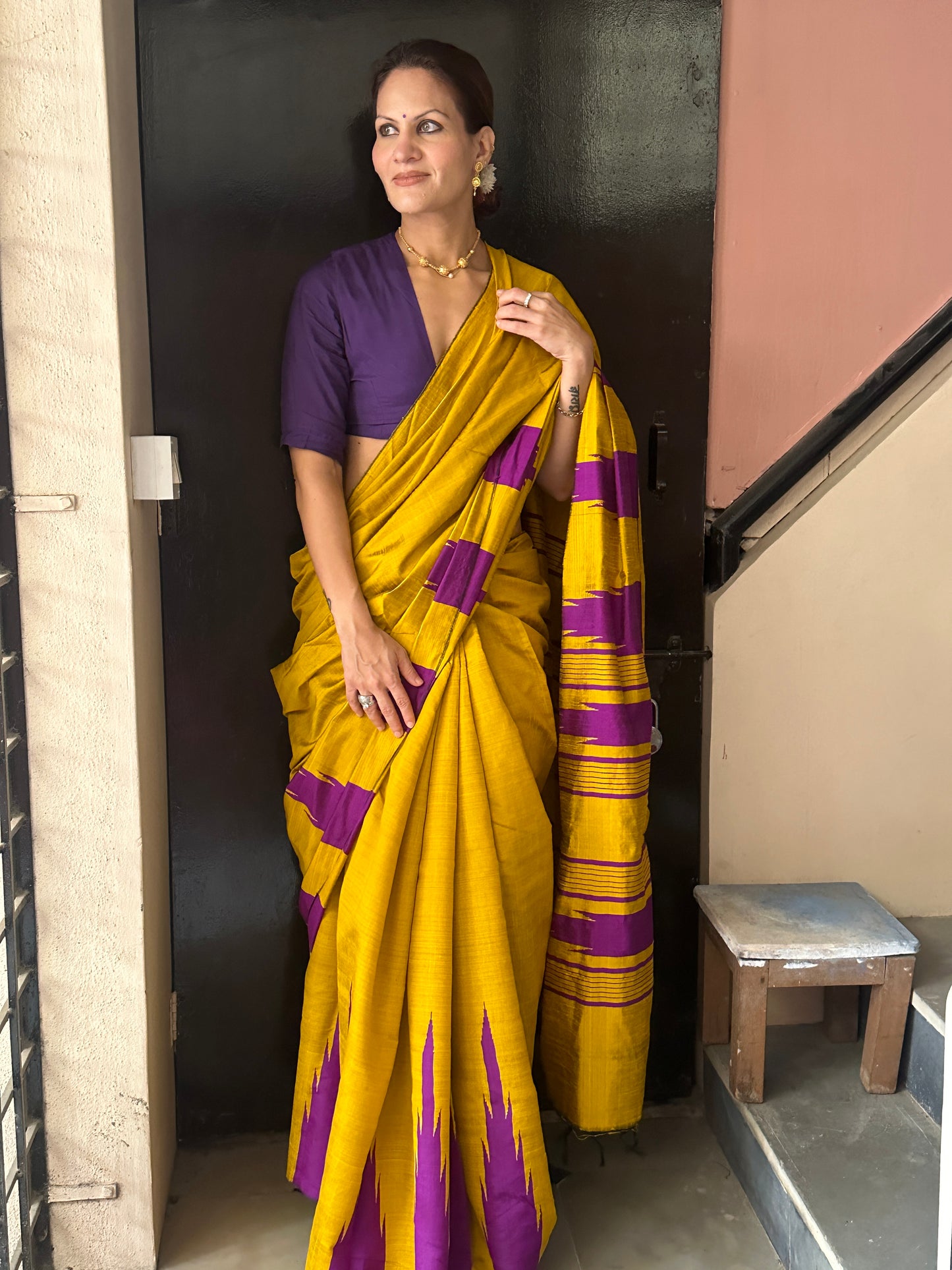 Mustard Yellow Pure Raw Silk Saree with Purple Temple Border