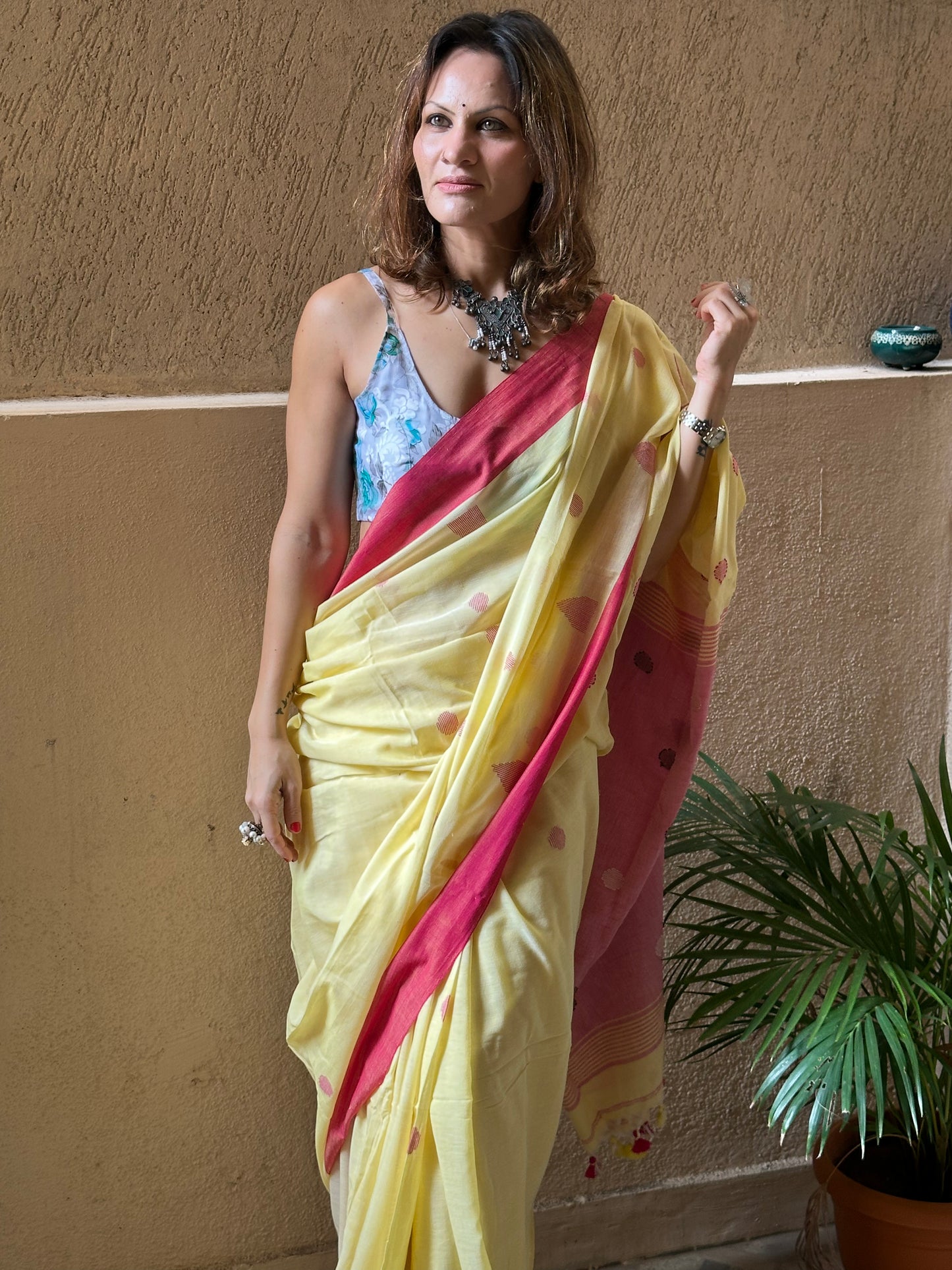 Yellow Handloom Pure Cotton Jamdani Sari with Woven Delicate Motifs & Contrast Red Border & Pink Pallu