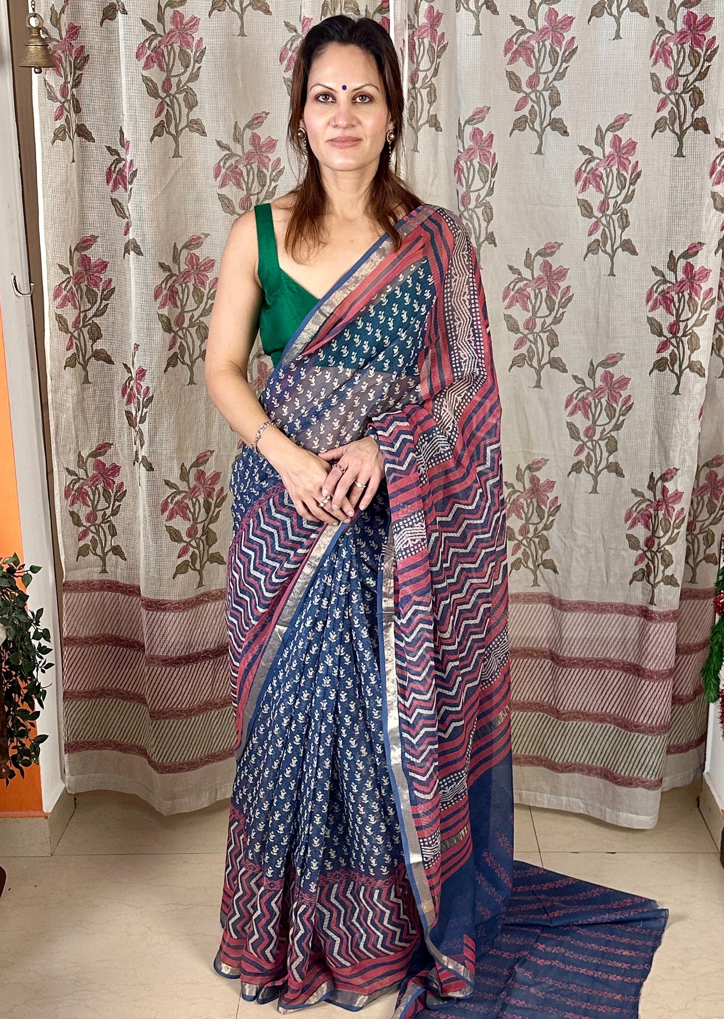 Blue Kota Cotton Block Print Saree