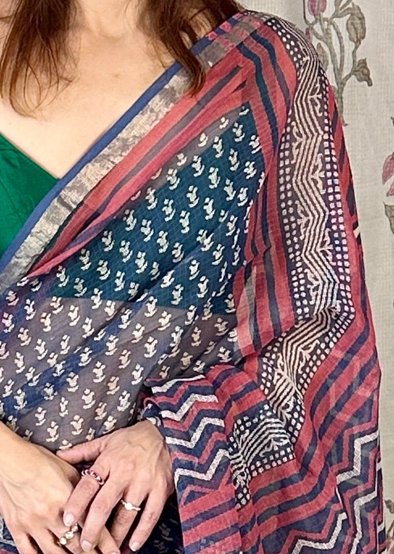 Blue Kota Cotton Block Print Saree