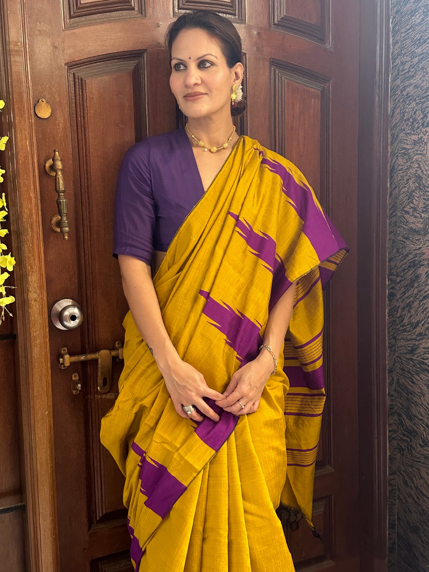 Mustard Yellow Pure Raw Silk Saree with Purple Temple Border