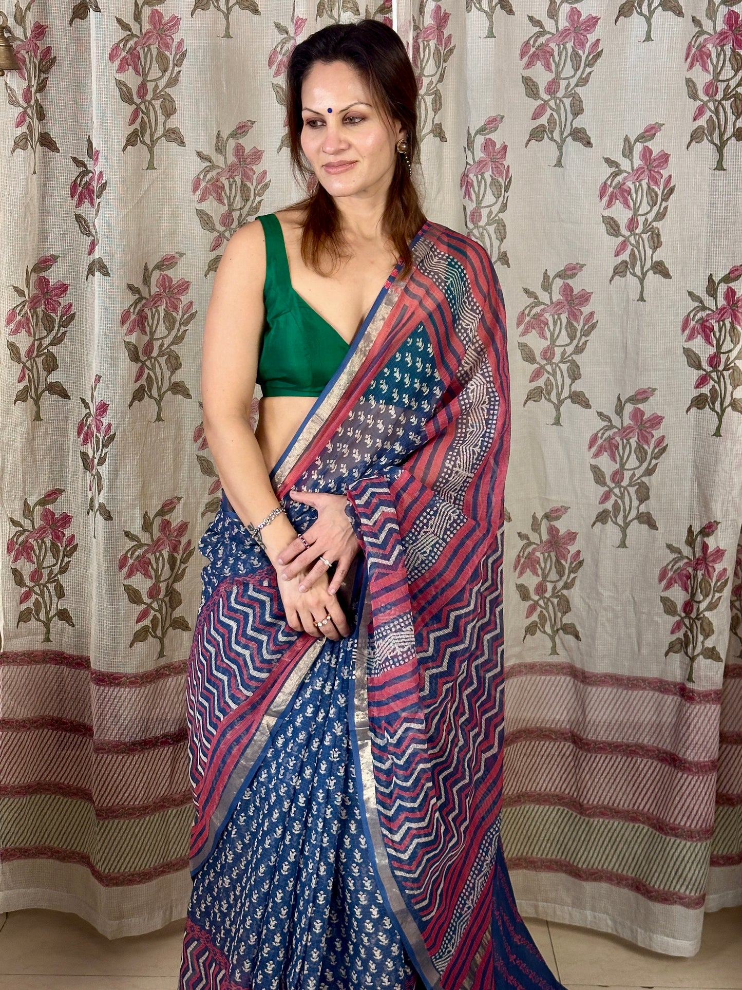 Blue Kota Cotton Block Print Saree