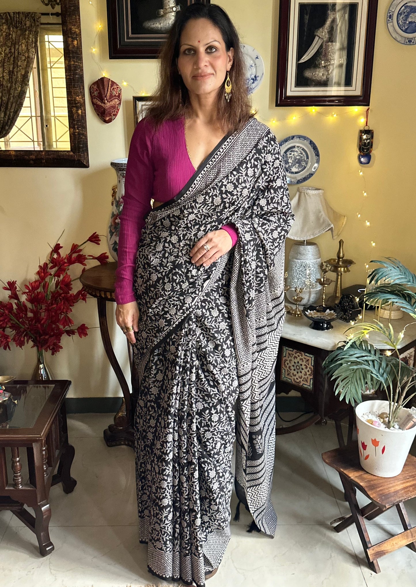 Mul Mul Cotton Hand block Bagru print sari - Raahini