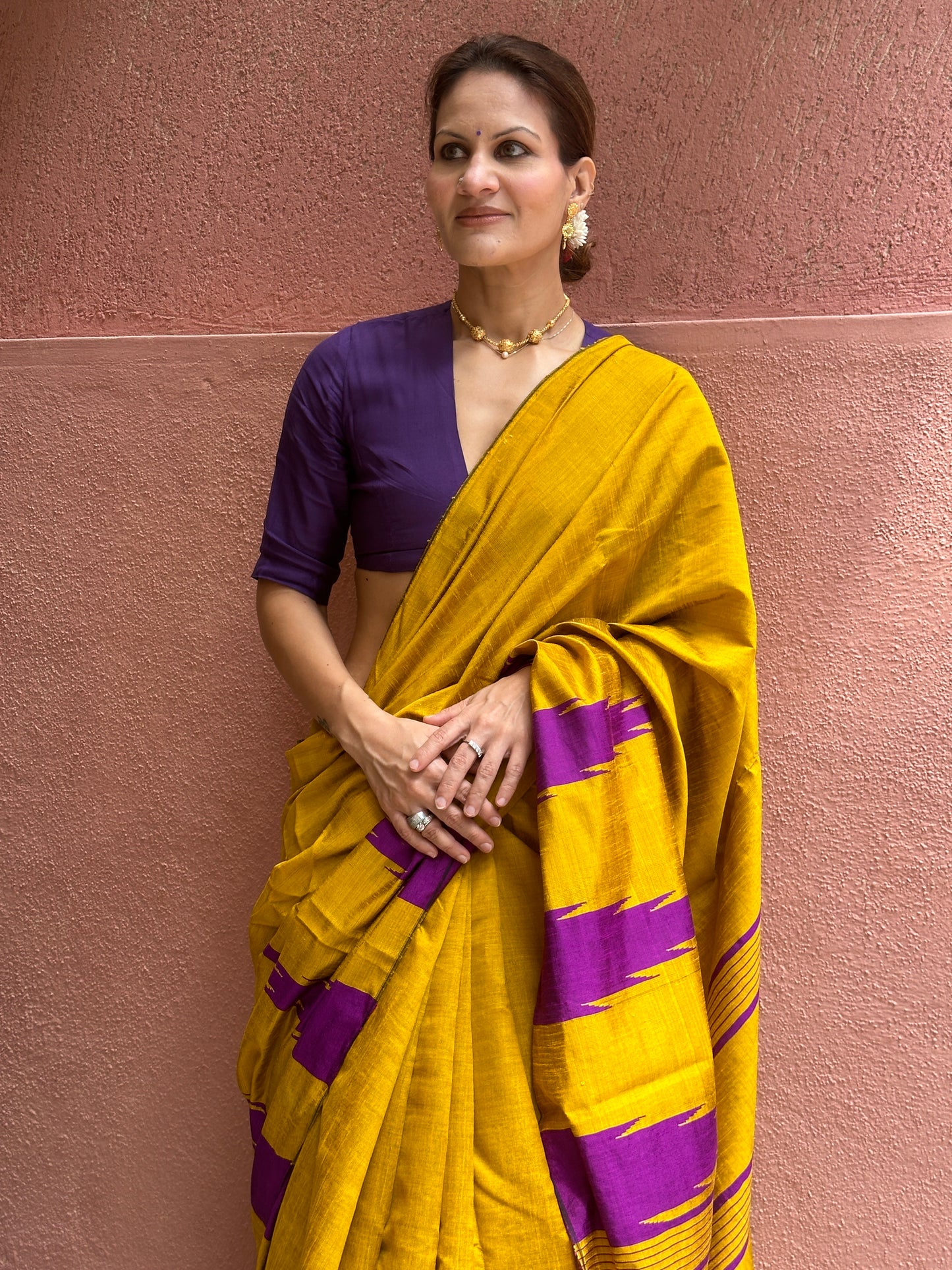 Mustard Yellow Pure Raw Silk Saree with Purple Temple Border