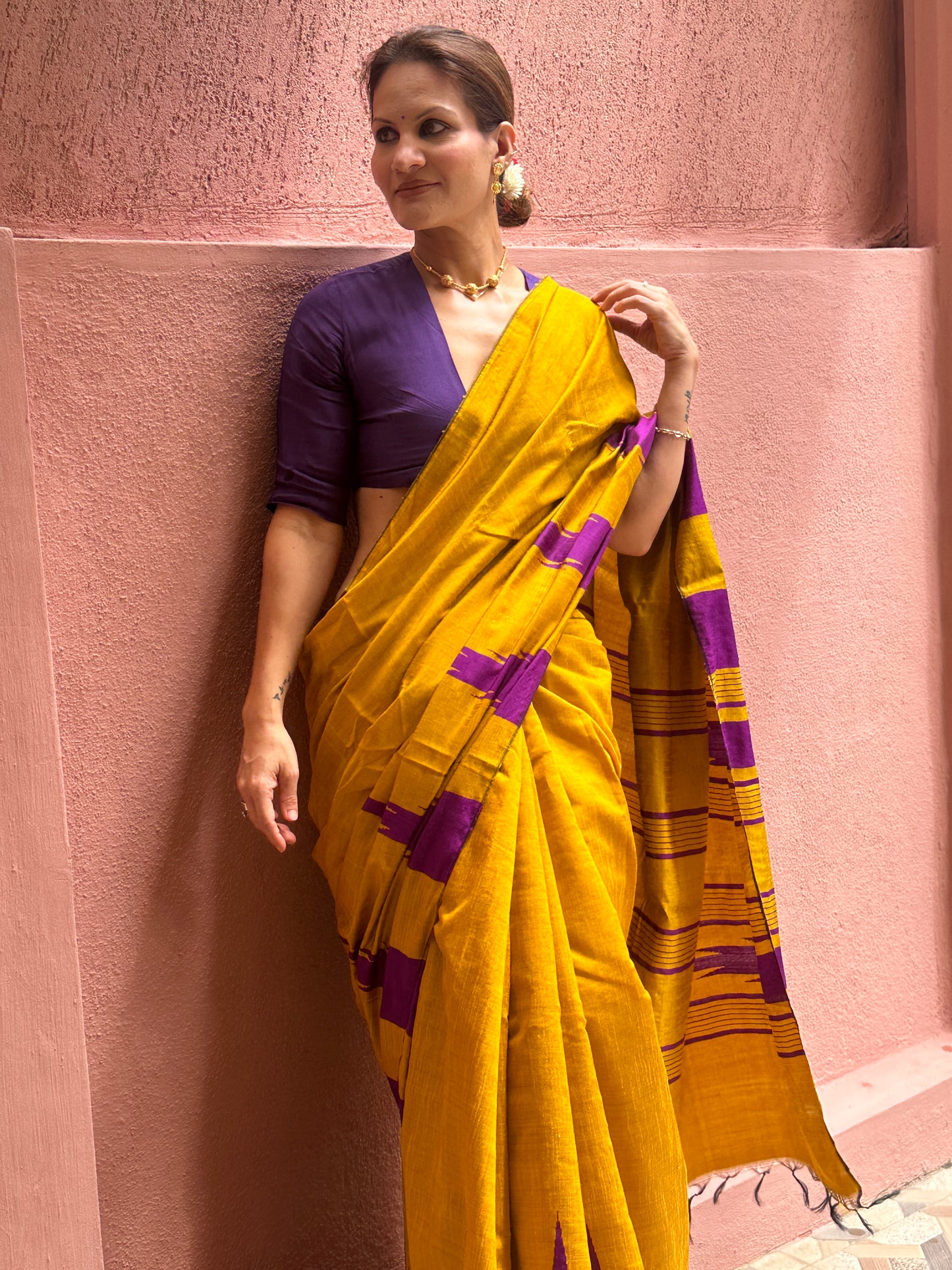 Mustard Yellow Pure Raw Silk Saree with Purple Temple Border