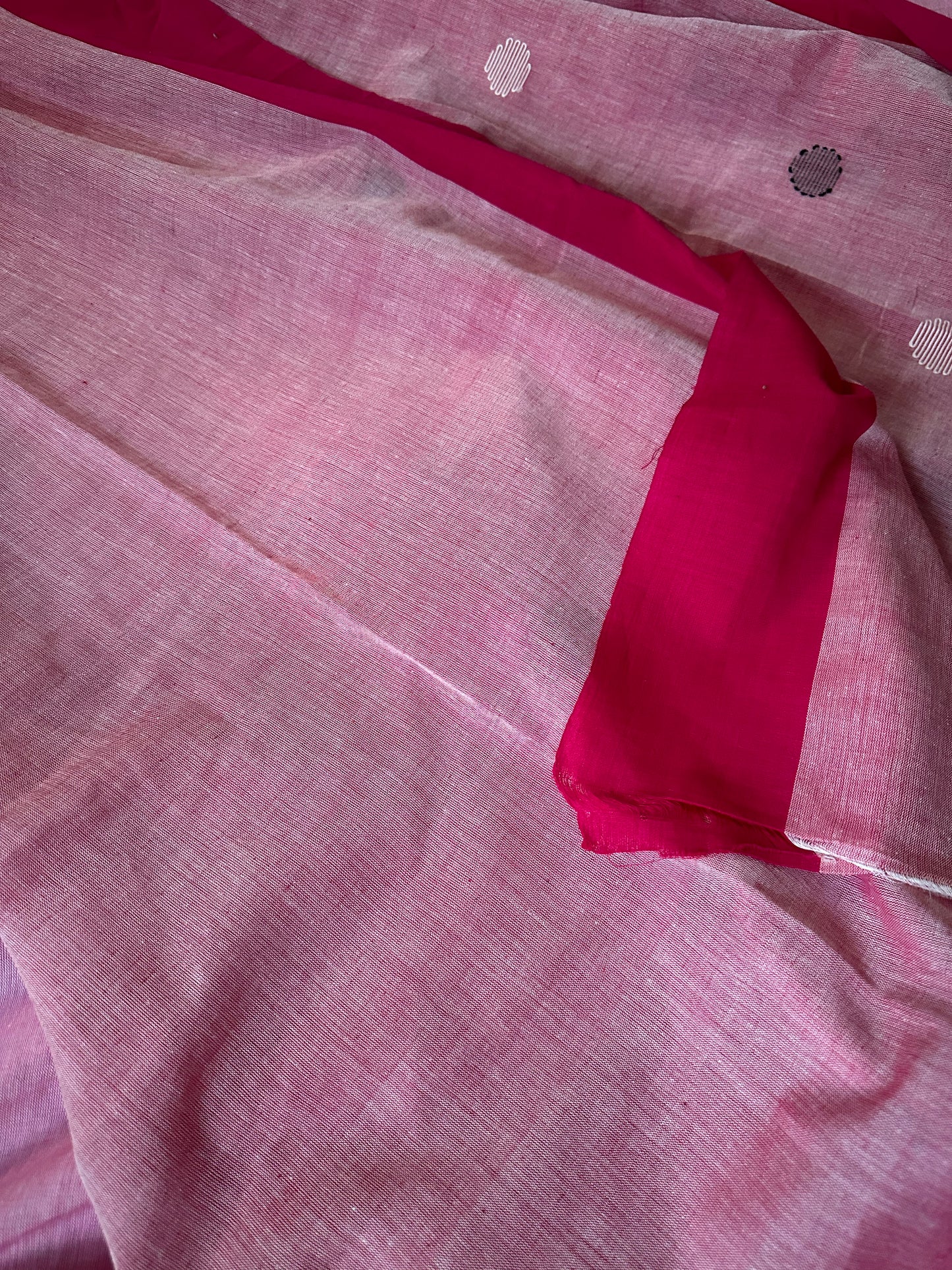 Pink Handloom Pure Cotton Jamdani Sari with Woven Delicate Motifs & Contrast Pink Border