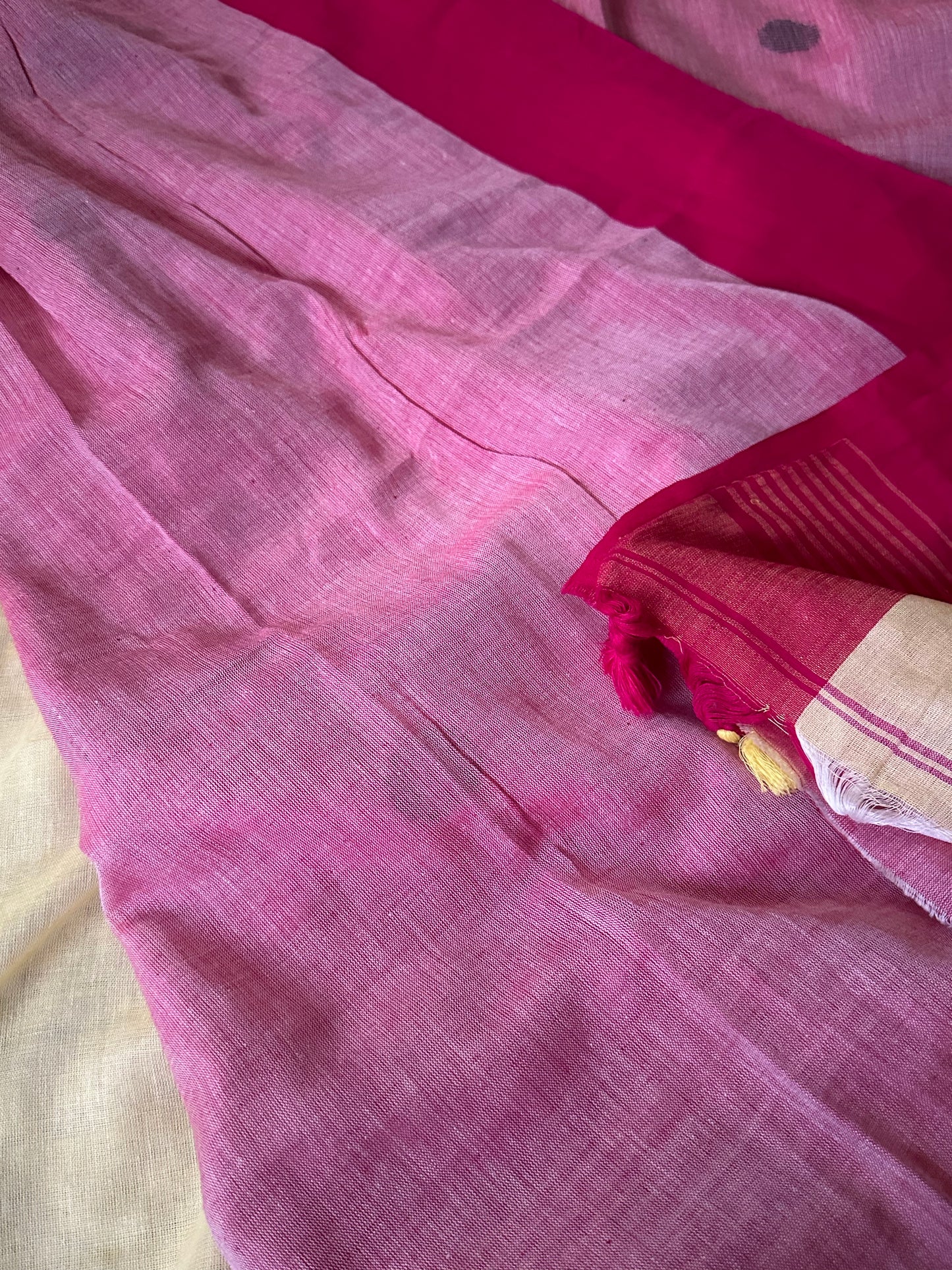 Yellow Handloom Pure Cotton Jamdani Sari with Woven Delicate Motifs & Contrast Red Border & Pink Pallu