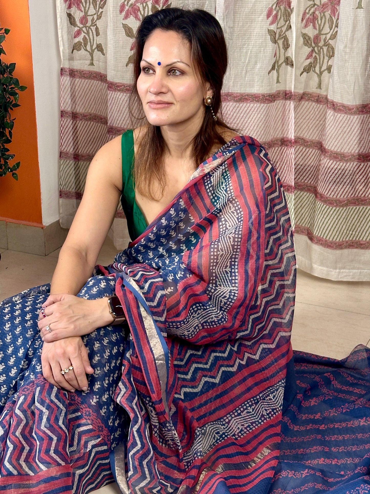 Blue Kota Cotton Block Print Saree