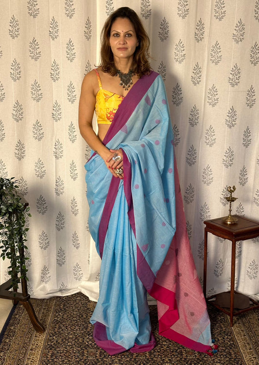 Blue Handloom Pure Cotton Jamdani Sari with Woven Delicate Motifs & Contrast Pink Border & Pallu