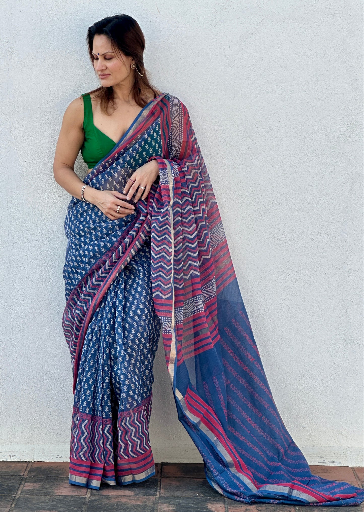 Blue Kota Cotton Block Print Saree