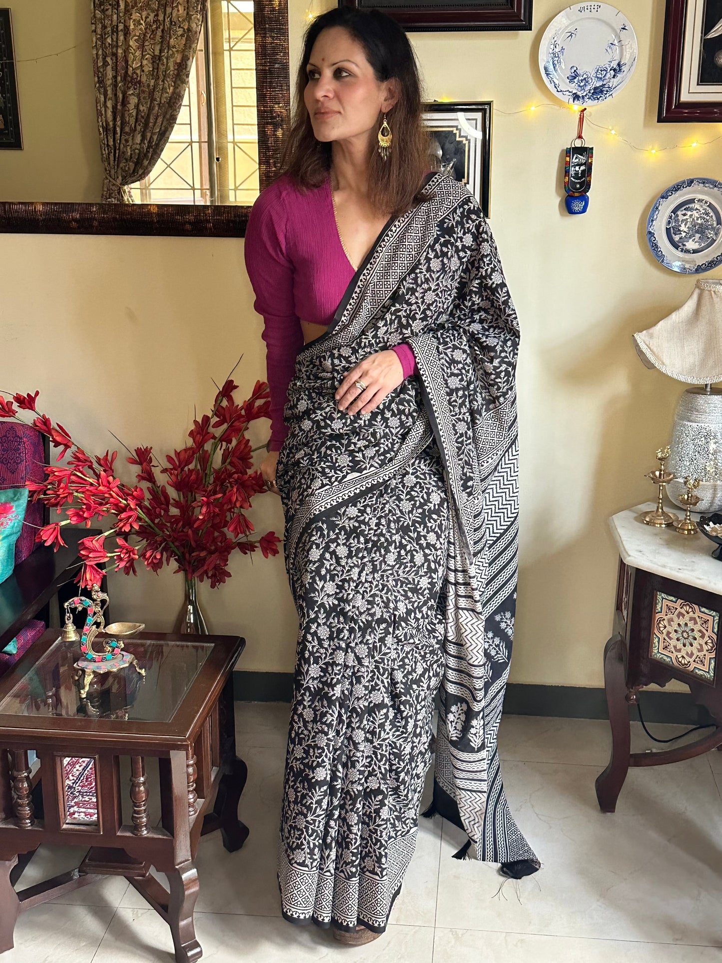 Mul Mul Cotton Hand block Bagru print sari - Raahini